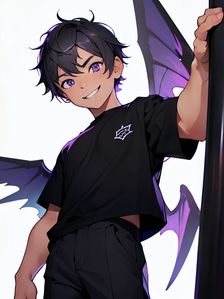 4years old young boy, gray short hair, purple eyes, mischievous smile, black shirt, black pants, fair skin, wings