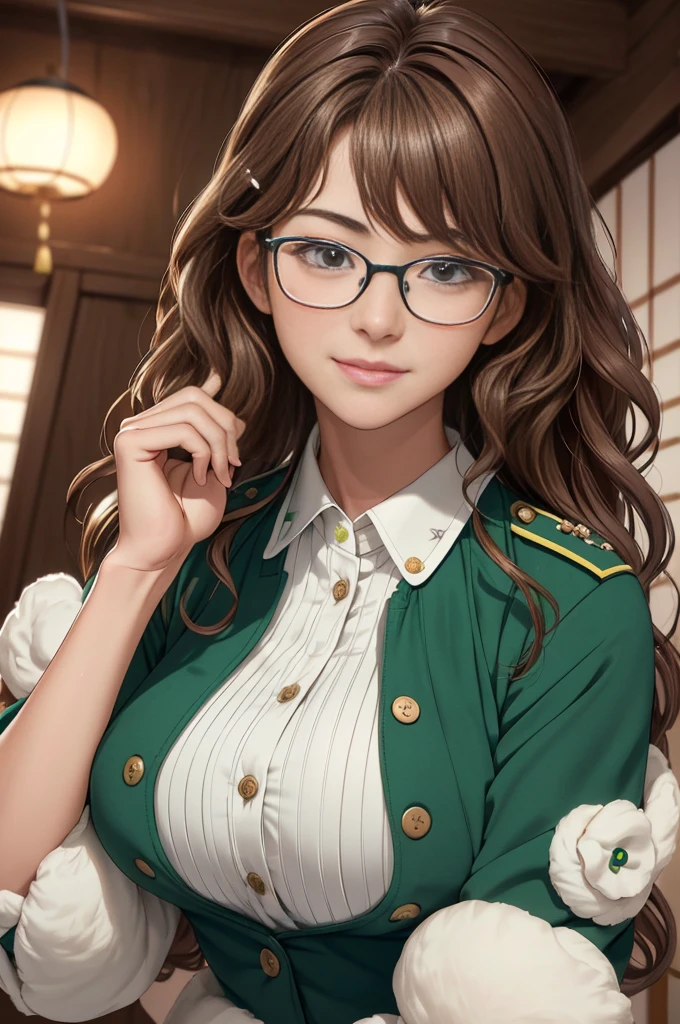 ((((masterpiece, highest quality, High resolution)))), Extremely detailed 8K, (sexy 17years old japanese high school girl with very slim body:1.6), (Ultra HD, Very detailed, Very detailed, Very realistic, Ultra-realistic, Photo realistic),{ Short depth of field, (Godley:1.2), (bounce front lighting:1.1), (Soft and diffuse lighting:1.6) },(long wavy brown hair:1.5), (ダイナミックなsexyなポーズ), (Very delicate and natural hair:1.3), To the camera, A light smile, (Big, bouncy, firm bust: 1.5), (Very delicate and natural face, Very delicate and natural eyes:1.3),(Green themed uniforms, Glasses, The buttons on the front of the uniform are open:1.6) (Protruding pink hard nipples:1.3), Shine, (I'm sweating a lot:1.2), (Light of the sun, sunlight), sexyな長い脚,sexy, Blushing, (Ultra-realisticな広大な風景, photogenic scenery:1.1), {(Large library:1.2), sexyなポーズで椅子に座っている、(study:1.5)、Reading a book:1.2}