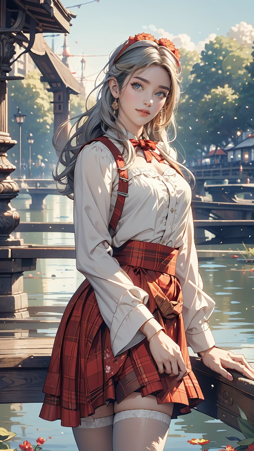 Claude Monet((Claude Monet))、Argenteuil riverside promenade、White woman、Wearing a red tartan mini skirt、Wearing a floral blouse、Silver Hair、blue eyes、Straight long hair_Hair reaching down to the waist、A shy smile