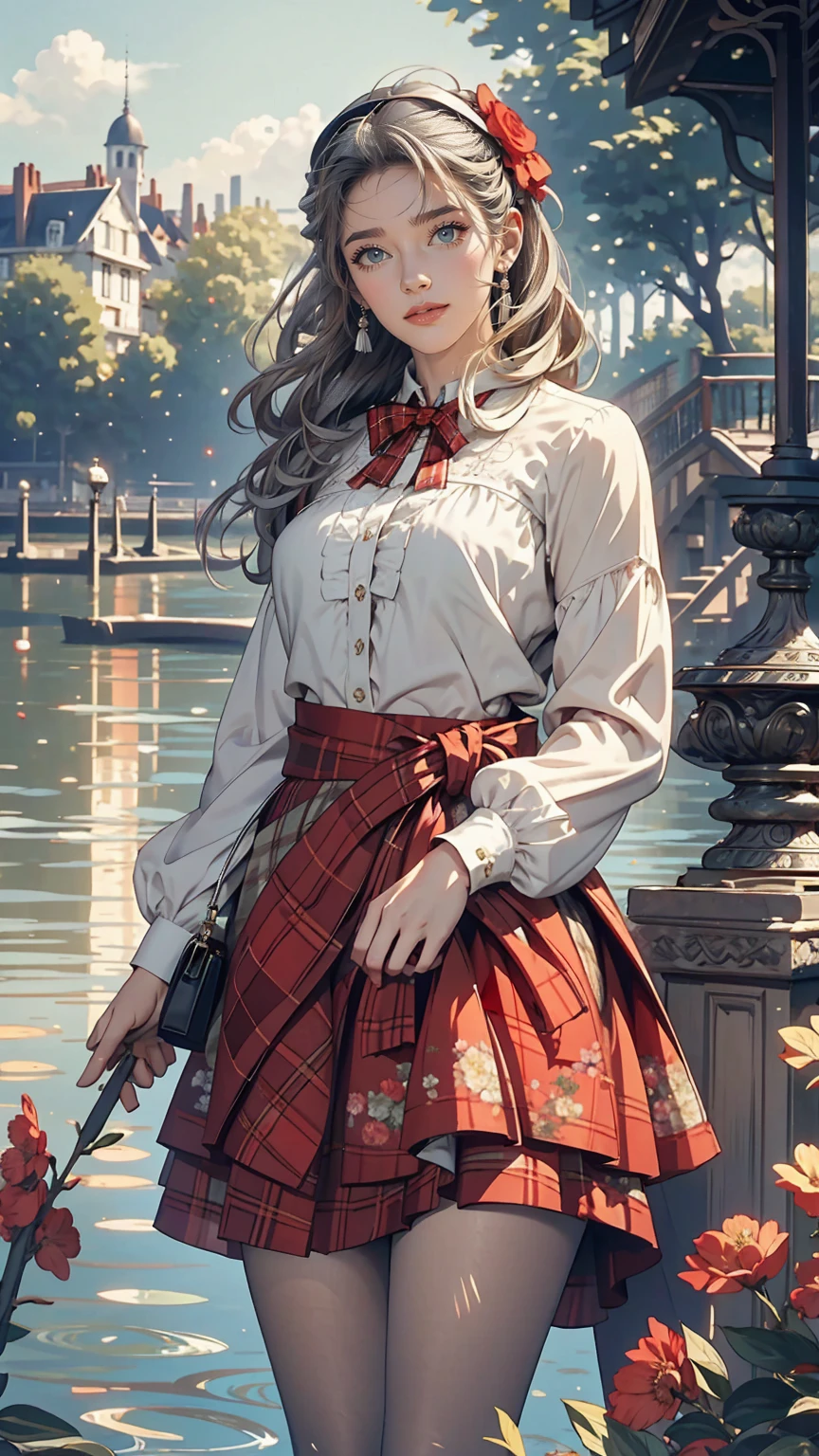 Claude Monet((Claude Monet))、Argenteuil riverside promenade、White woman、Wearing a red tartan mini skirt、Wearing a floral blouse、Silver Hair、blue eyes、Straight long hair_Hair reaching down to the waist、A shy smile