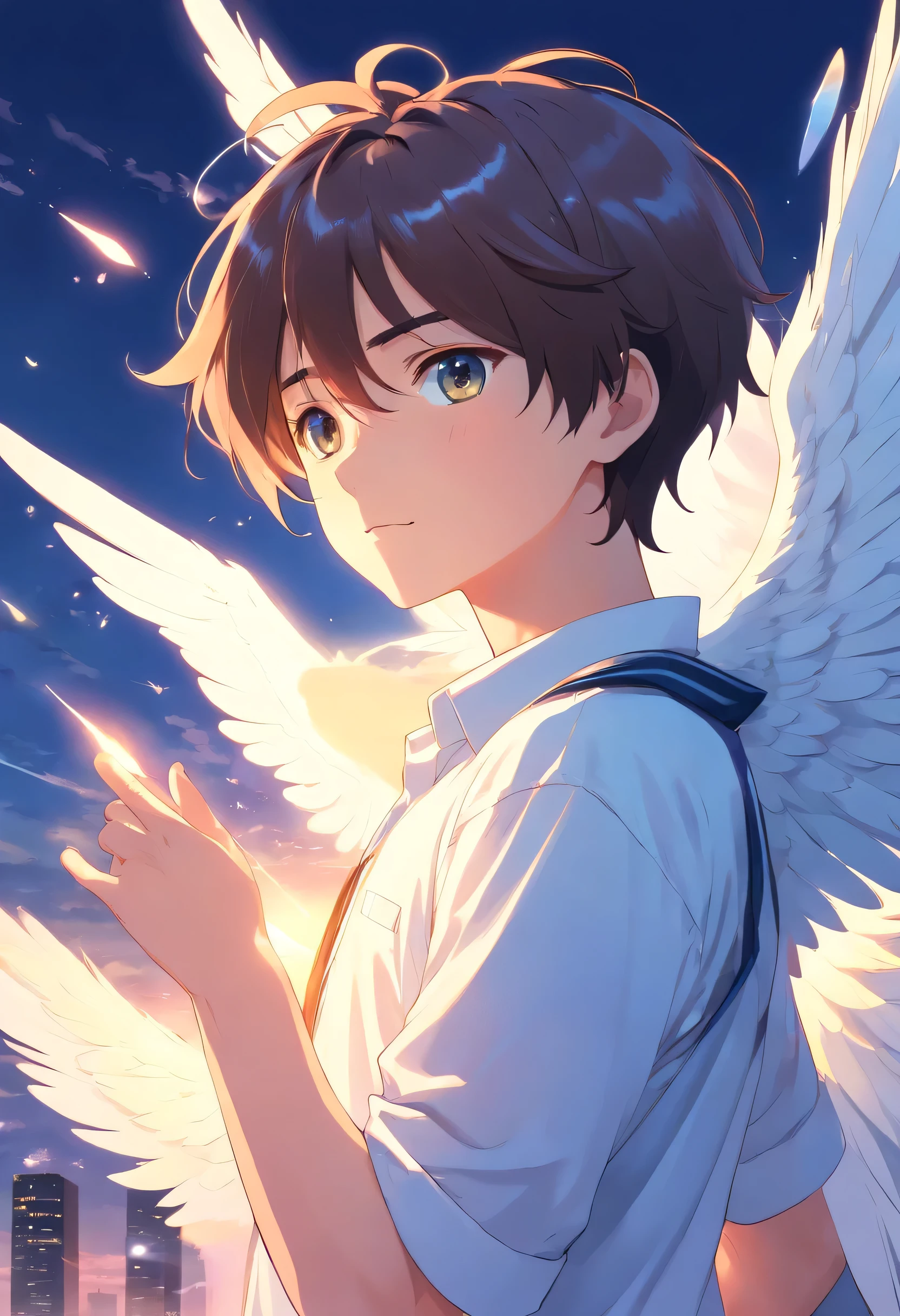 boy, 20 ans, ange, blanc shirt, ange avec les mains dans les poches , blanc, plumes, a divine light from heaven