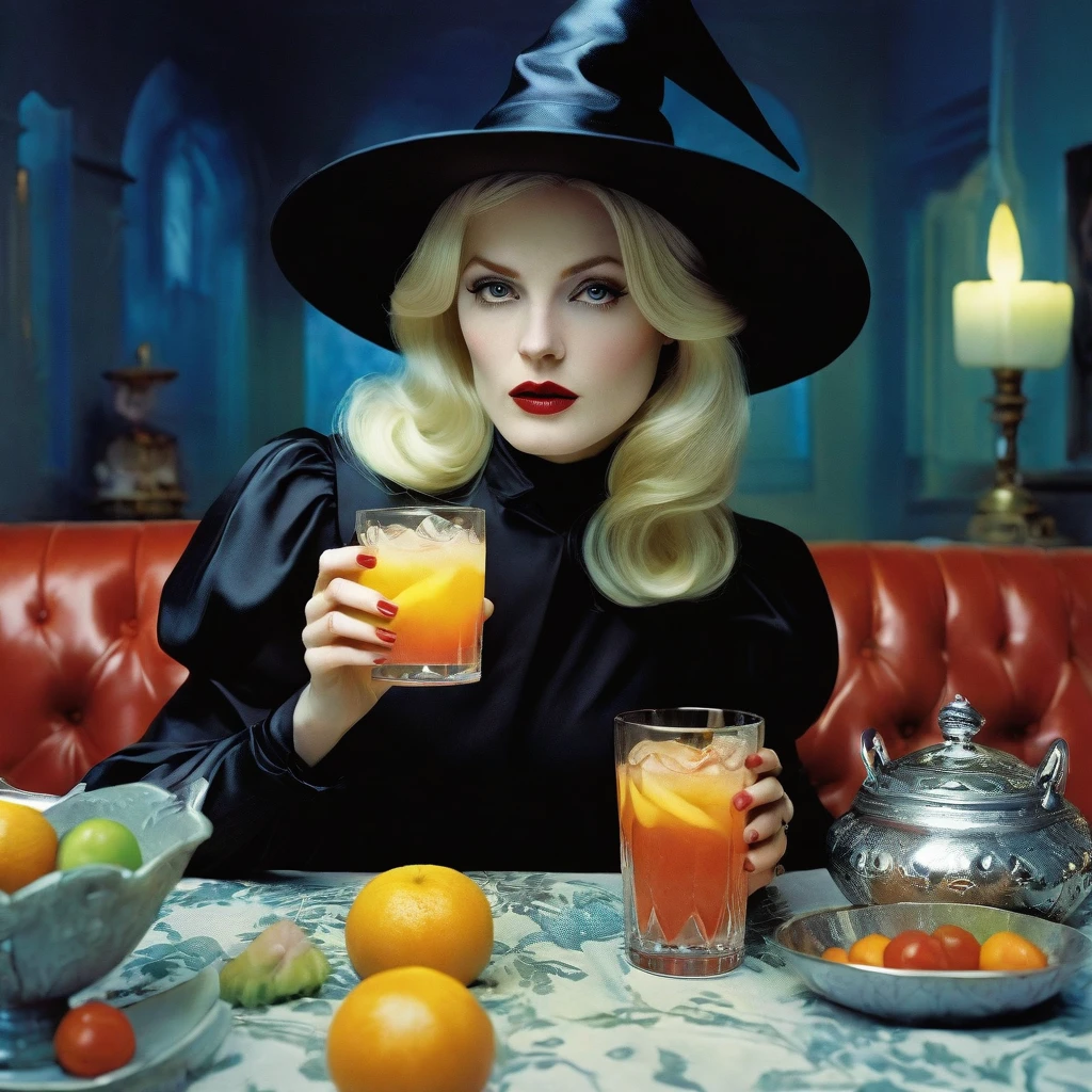 Miles Aldridge art, Hyperrealistic panoramic concept art, witch characterized by burnout, impostor syndrome, holding a drink, uttering an existential question, "Maybe I just have schizophrenia?!", engaged in an otherworldly conversation with spirits and entities blurting "Well, don't start, Ah!", employing double exposure technique, emphasizing shadows, hyperdetailed, 32K resolution, not low poly, isometric, correct hand anatomy, High Resolution, High Quality, Masterpiece