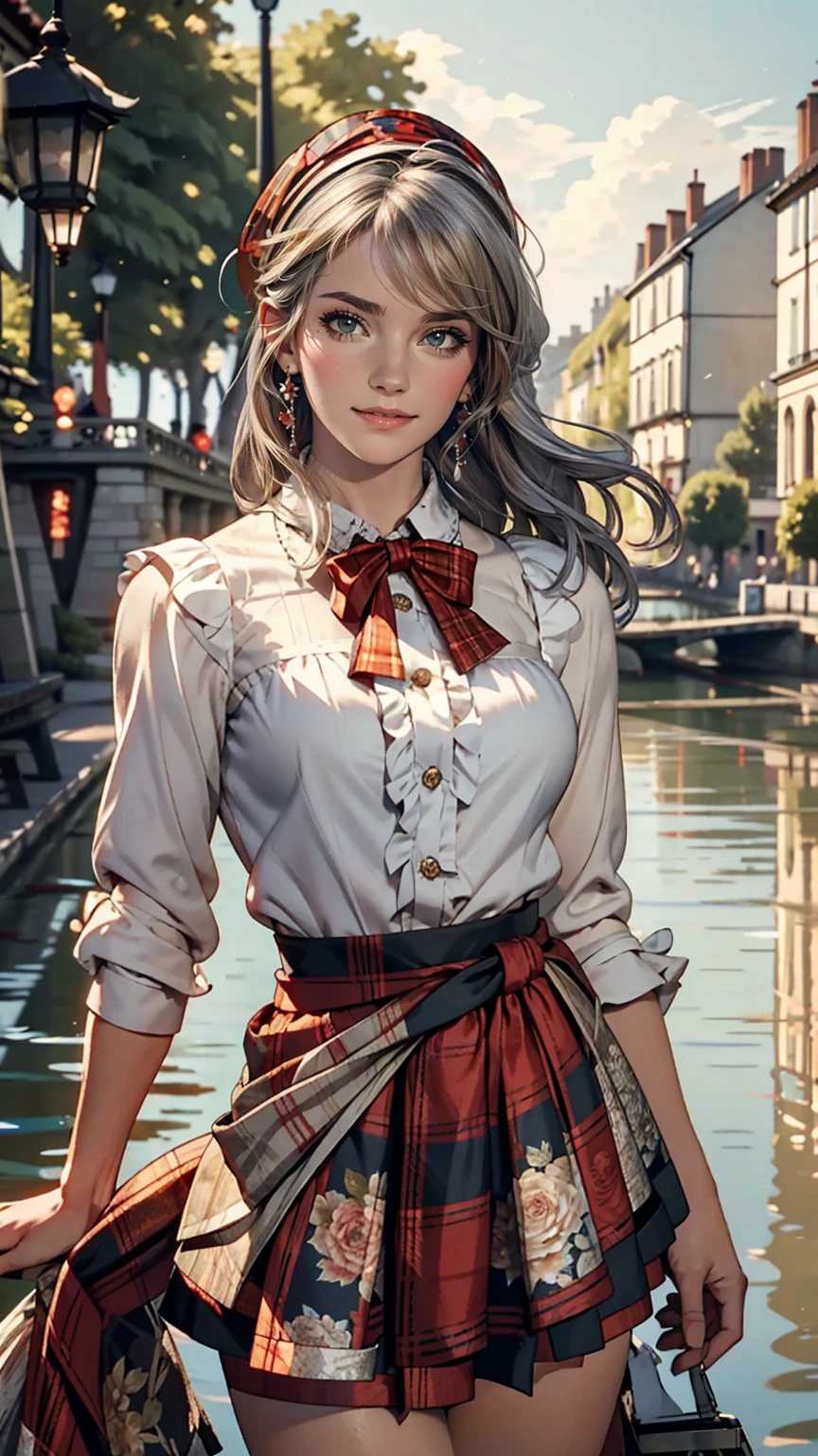 Claude Monet((Claude Monet))、Argenteuil riverside promenade、White woman、Wearing a red tartan mini skirt、Wearing a floral blouse、Silver Hair、blue eyes、Straight long hair_Hair reaching down to the waist、A shy smile