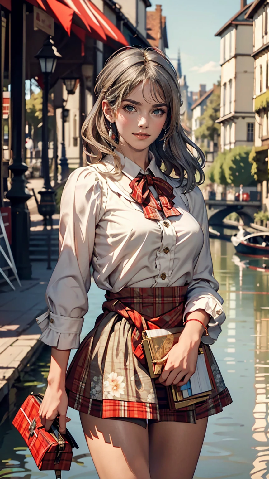 Claude Monet((Claude Monet))、Argenteuil riverside promenade、White woman、Wearing a red tartan mini skirt、Wearing a floral blouse、Silver Hair、blue eyes、Straight long hair_Hair reaching down to the waist、A shy smile