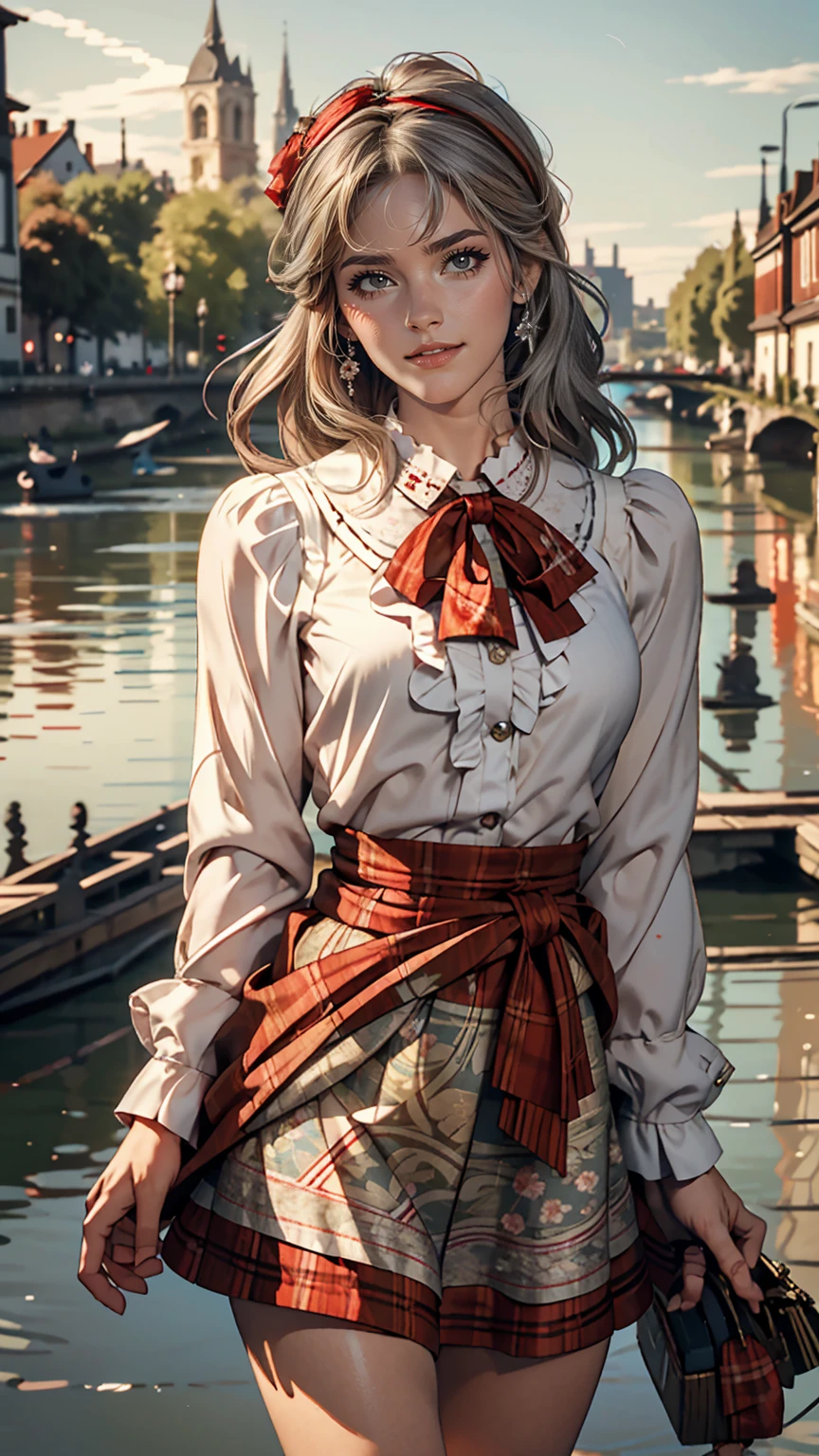 Claude Monet((Claude Monet))、Argenteuil riverside promenade、White woman、Wearing a red tartan mini skirt、Wearing a floral blouse、Silver Hair、blue eyes、Straight long hair_Hair reaching down to the waist、A shy smile