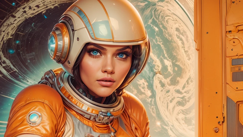 arafed image of a white woman in a futuristic suit with a spaceship in the background, movie art, in front of an orange background, inspired by Robert McGinnis, female protagonist, megastructure in the background, portrait of an ai astronaut, astronauts, an astronaut, portrait of a astronaut skeletor, perfect android girl, detailed eyes, perfectly detailed teeth, frank franzzeta and sakimichan  