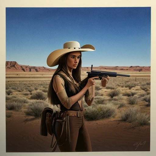 arafed woman in a hat holding a gun in a desert, a portrait by Stan Galli, tumblr, pop art, style jean giraud, spaghetti western, western film, cowgirl, [ western film ], cow-girl, 1 9 6 9, 1969, western cowgirl, 1971, western gunslinger, an epic western