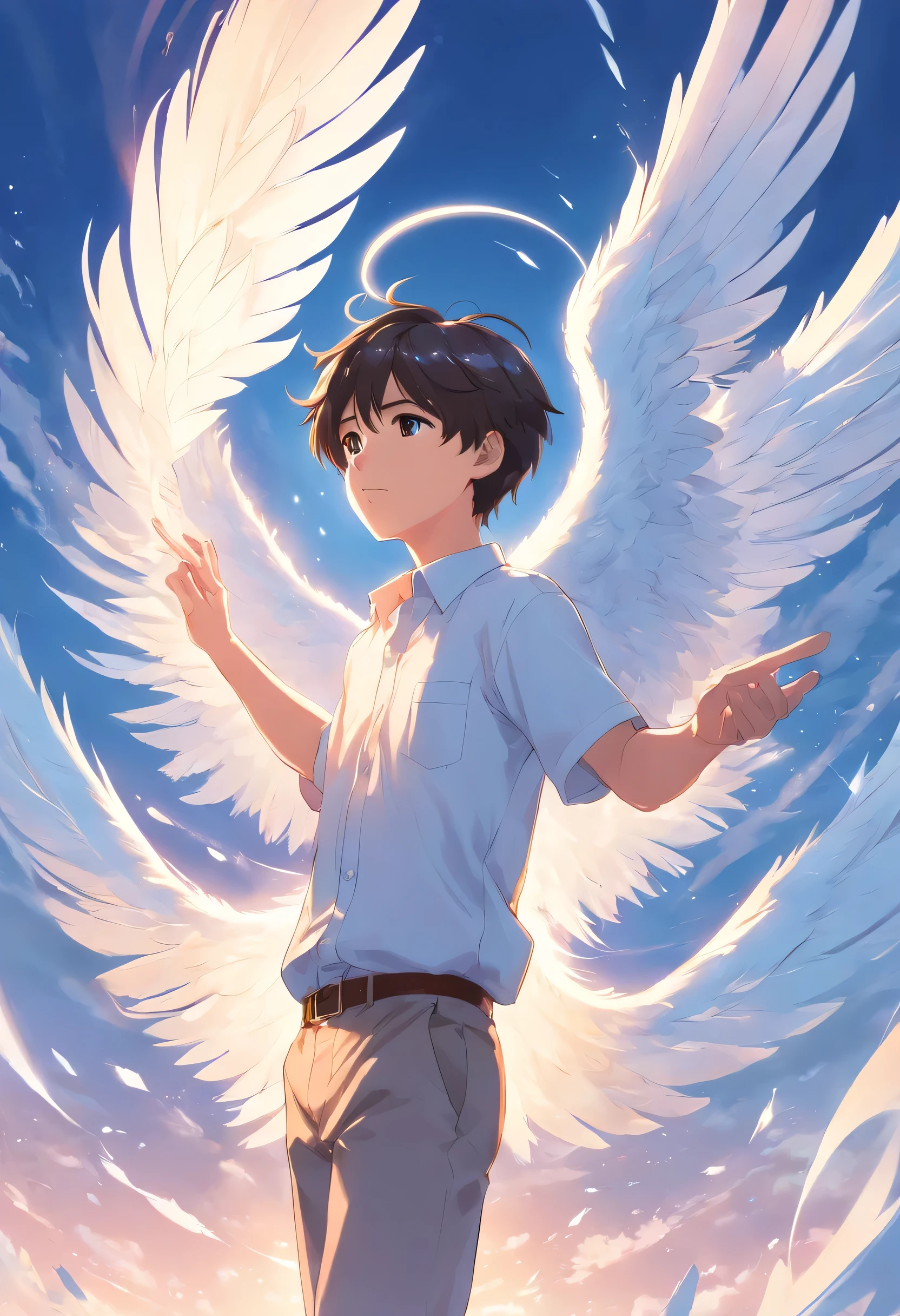 boy, 20 ans, ange, blanc shirt, ange avec les mains dans les poches , blanc, plumes, a divine light from heaven