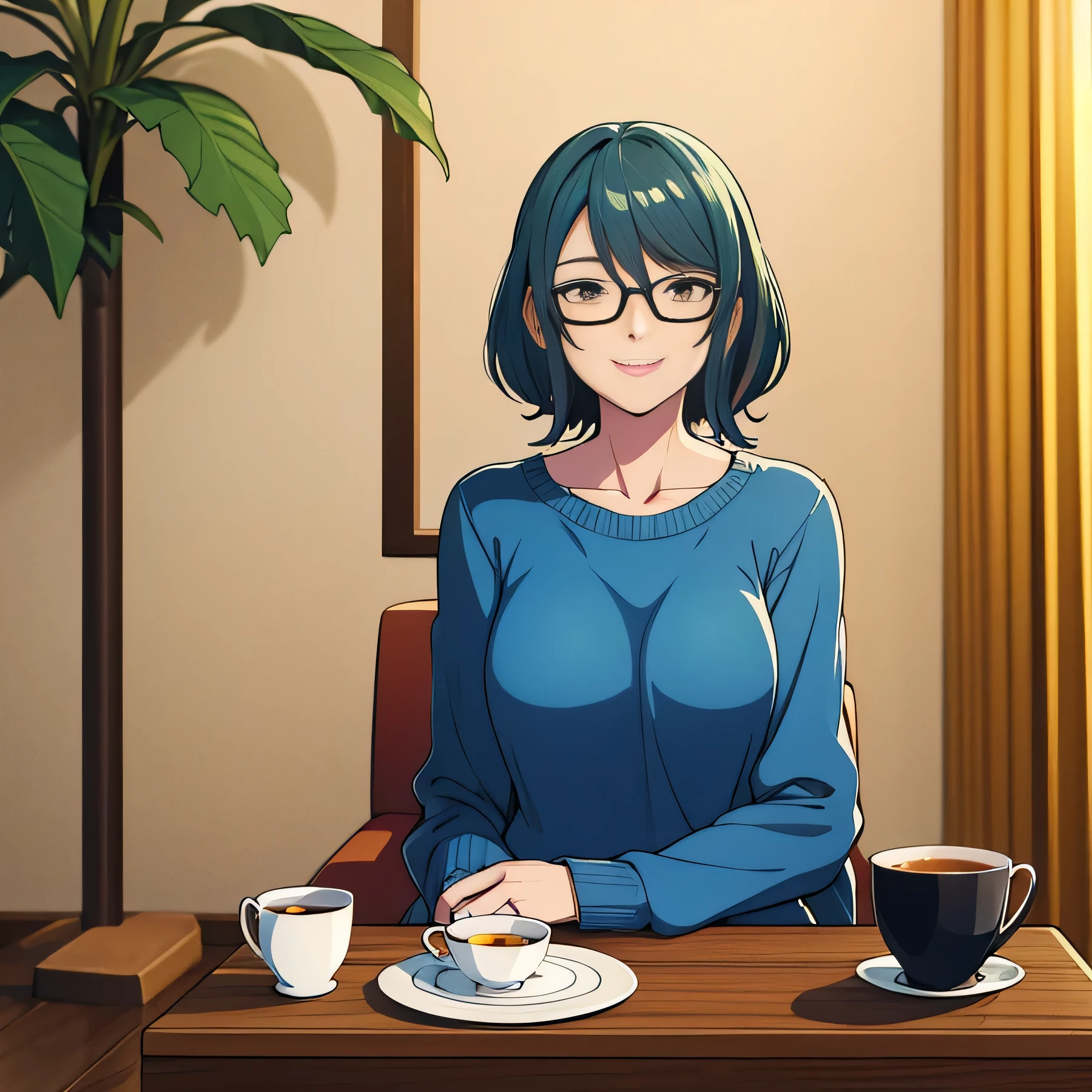 Tamaki (dead or alive), blue sweater, glasses, smile, sit, tea, (high quality), (masterpiece)