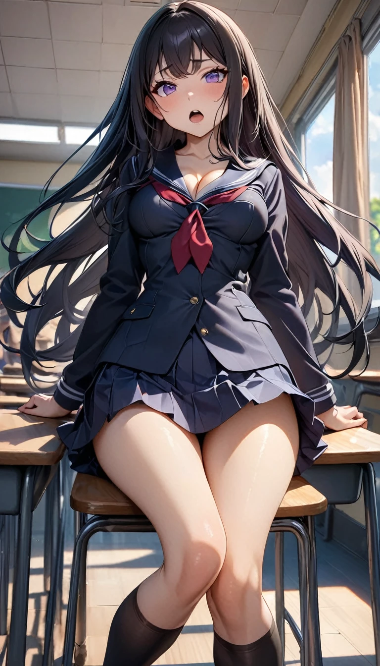 (cute eyes), (8K、Best image quality、highest quality、masterpiece)、Detailed face、Improve、(Black Hair, Purple Eyes, long hair)、(open mouth), (skinny body),(medium breasts), (school uniform), (cleavage), Sit on a chair, Classroom Background, (black stockings), (Thighs), (Waistline)