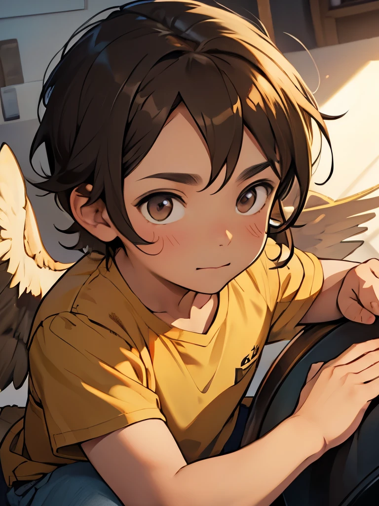 2 years old young boy, long dark brown hair, fair skin, golden brown eyes, blue shirt, grey pants, wings, soft smile