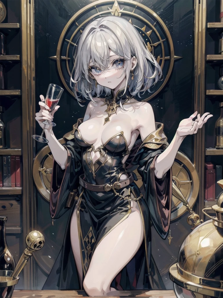 whole body, Anime character, ((against the backdrop of alchemist room)), traditional witch outfit, absurdres, RAW photo, extremely delicate and beautiful, masterpiece, Best Quality, ultra high resolution, 32k, hyperrealistic, ultra-detailed, perfect figure, perfect shape, detailed description, pale skin, 20 years old, detailed beautiful face and eyes, tearful mole, earring, short medium hair, wavy hair,