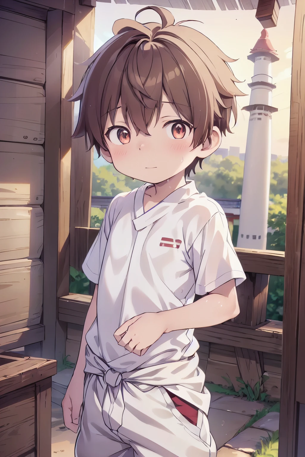 1boy, aoi, masterpiece, ultra detail, male focus, soccer shirt, adorable captivating, light brown hair , red eyes , white albine skin, japanese style, steam smork, japan style, anime coloring, shy, home muji style, detailed face, white towel on waist,white silk, outdoor, sweat, 