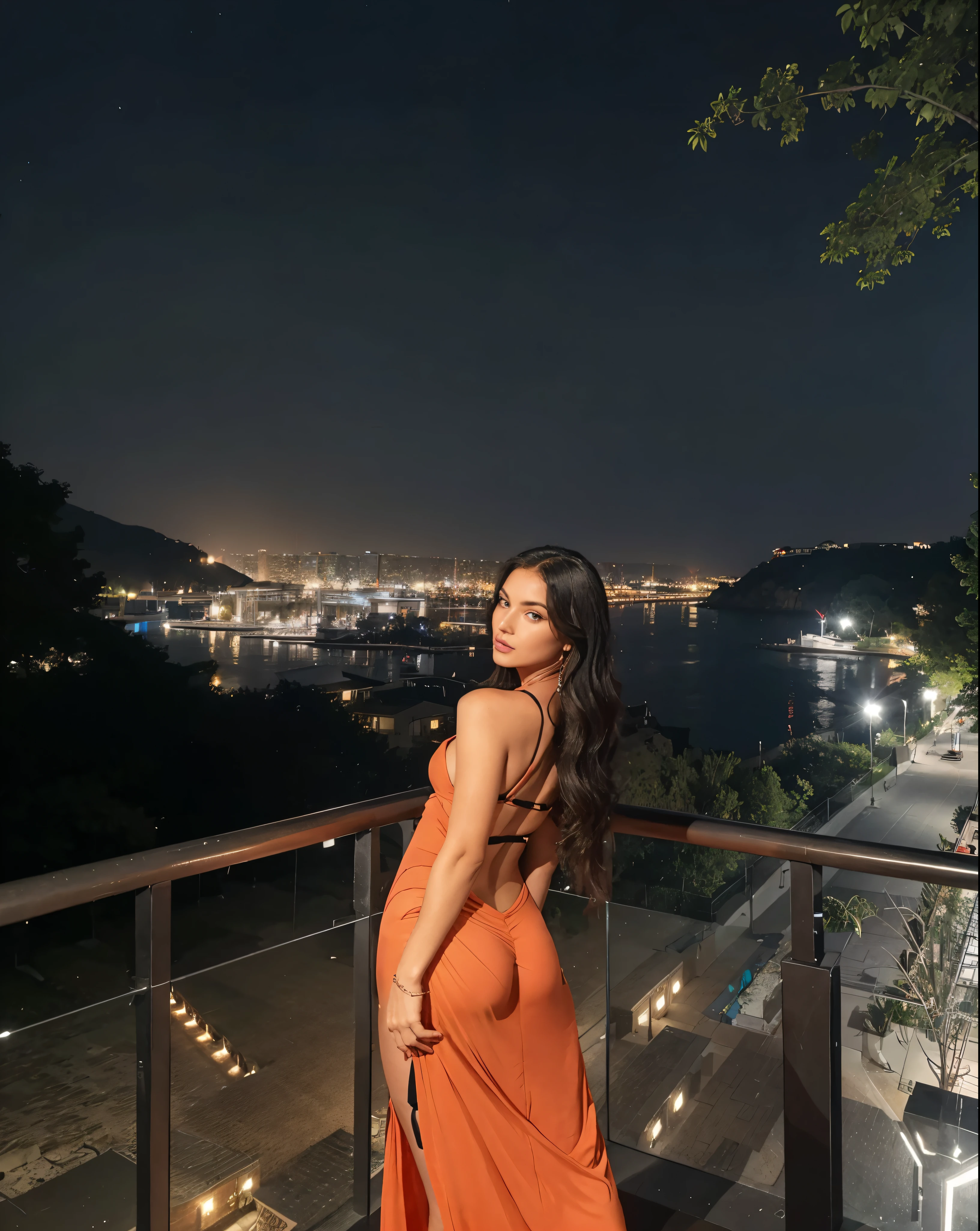 Woman in a black sexy just slit dress in a place at night