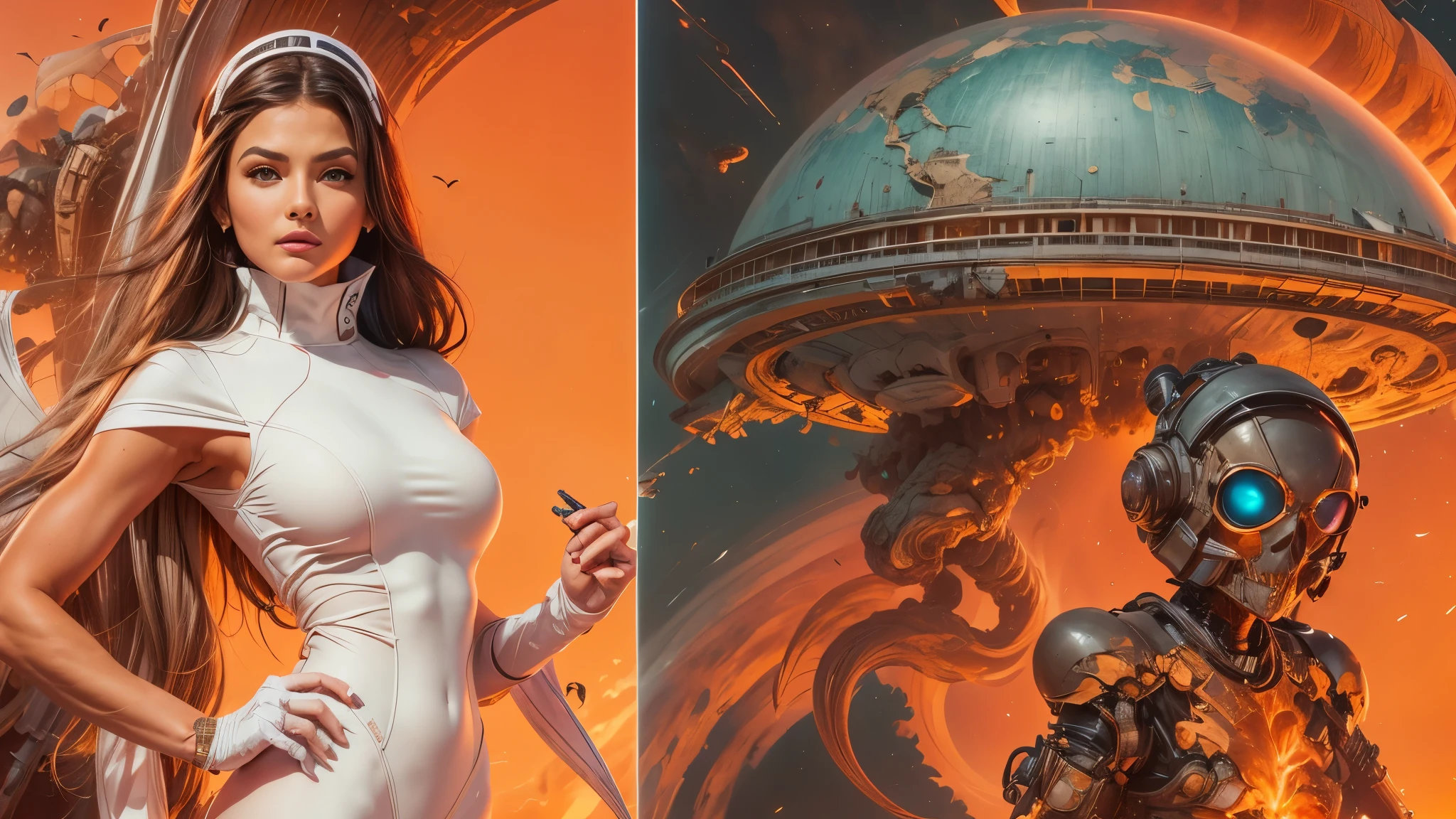 arafed image of a white woman in a futuristic suit with a spaceship in the background, movie art, in front of an orange background, inspired by Robert McGinnis, female protagonist, megastructure in the background, portrait of an ai astronaut, astronauts, an astronaut, portrait of a astronaut skeletor, perfect android girl, detailed eyes, perfectly detailed teeth, frank franzzeta and sakimichan  
