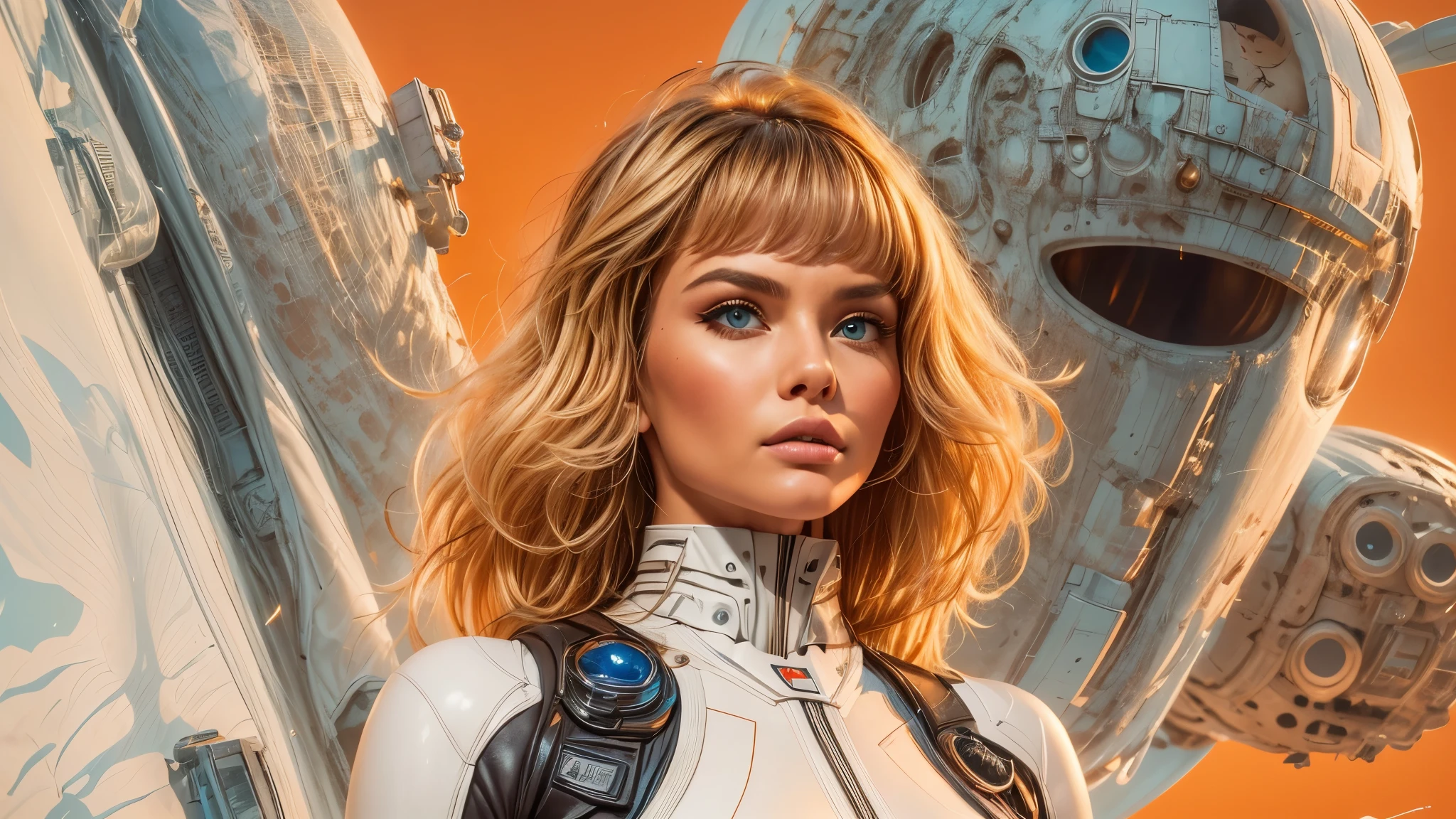 arafed image of a white woman in a futuristic suit with a spaceship in the background, movie art, in front of an orange background, inspired by Robert McGinnis, female protagonist, megastructure in the background, portrait of an ai astronaut, astronauts, an astronaut, portrait of a astronaut skeletor, perfect android girl, detailed eyes, perfectly detailed teeth, frank franzzeta and sakimichan  