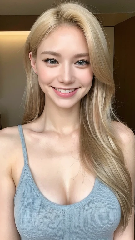 (lifelike, high - resolution:1.3), a blonde women with a perfect body, Super fine face and eyes,slong hair, Tank top of random colo , innocent look and happy smile at the camera