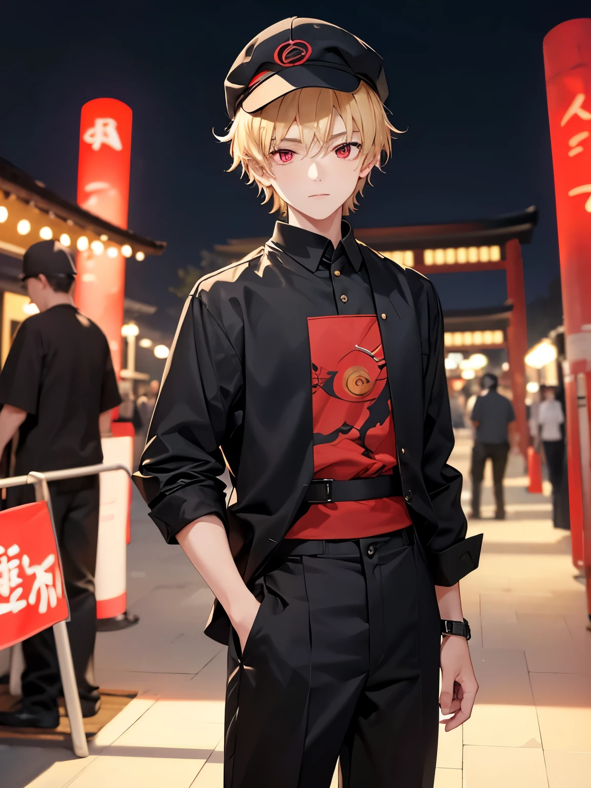 1boy,handsome,18 years old,half body photo,half body photo,Perfect face, HD face, ultra detailed face, short hair, blonde hair, messy hair, bright red eyes,Black shirt, black mask, Black hat,casual hat, black trousers, standing at the Japanese festival venue,At night,ultra detailed, ultra HD