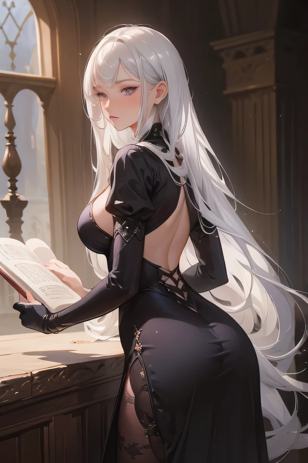 Beautiful woman reading in a medieval castle,long layered silvery white hair, purple eyes,Black dress, sexy pose, sexy , big , sexy ass,jewelry,Temperament,Full-HD,Lots of detail,Cinematic texture,Light,carefully drawn,atmosphere, victorian armor dress, mature,, milf