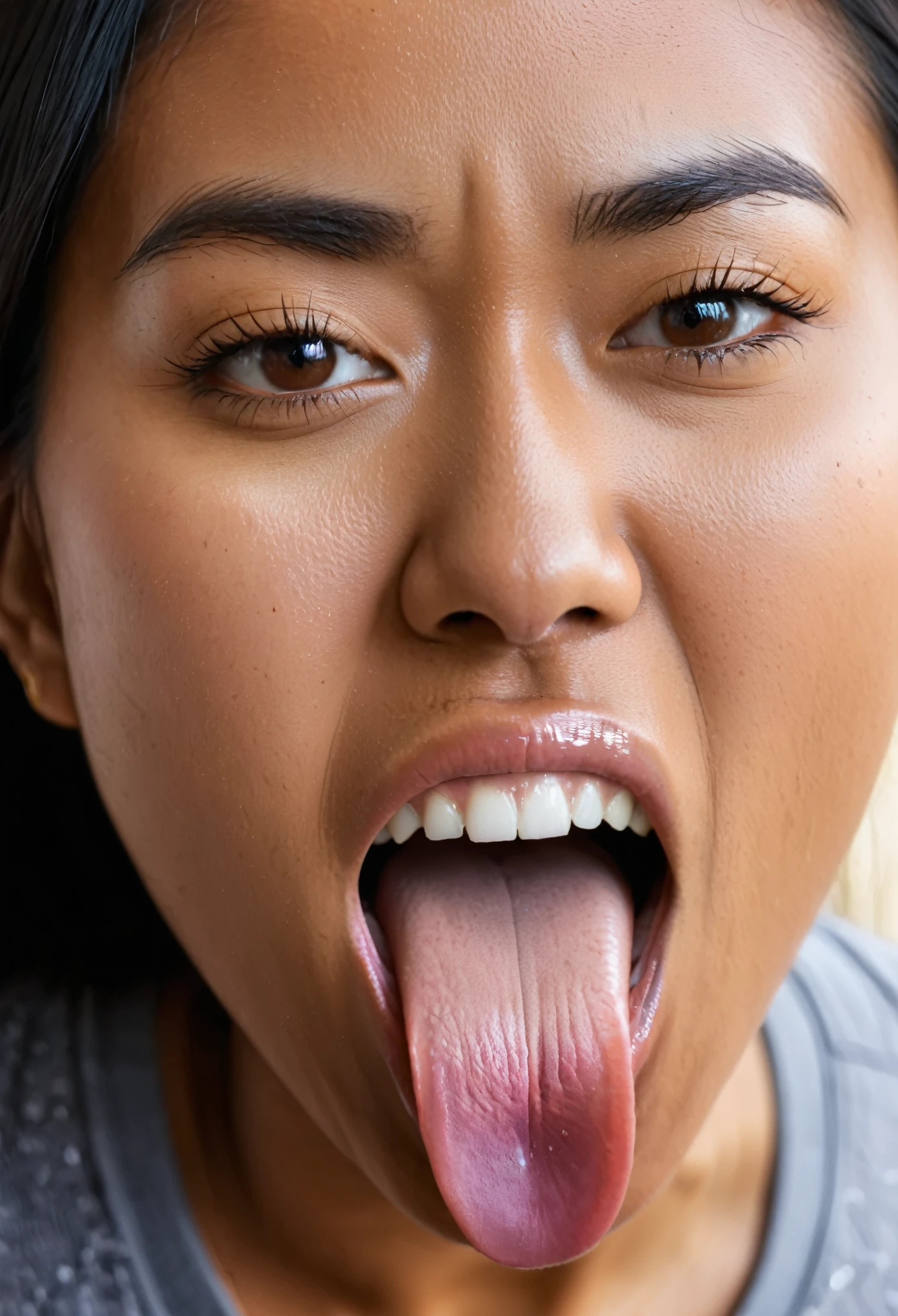 a close up photo of an Indonesian ager girl opening her mouth to the camera while sticking her tongue out