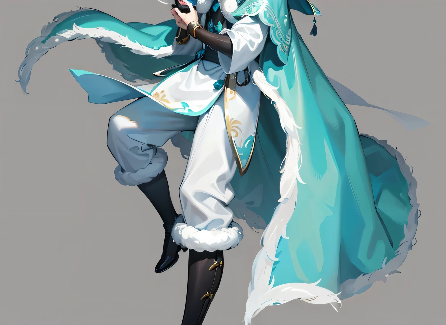 ((masterpiece, best quality)), Delicate face, Character Design Sheet， Rich in details, Multiple poses and expressions, Very detailed, depth, Many parts，Black-haired boy，Wearing white、Green clothes，Behind him is a cyan and gold cloak，Wearing white stockings on the lower body，pale pink pupils，Epic and beautiful character art, Amazing Characters，Snow Mountain，Pine and cypress，A spirited teenager，Chinese style，feathered cape，The boy looked at the snow lotus in his hand，Hand holding black sickle，shoe，boots