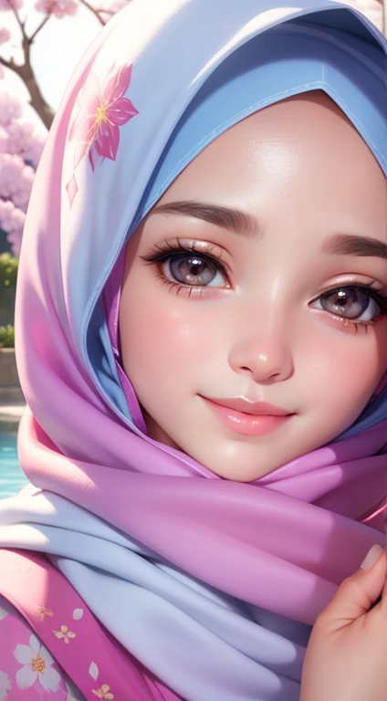 masterpiece, best quality, beautiful detailed face, perfect feminine face, (happy:1.2), smiling, (close-up potrait:1.2), face focus, a beautiful and cute girl with sakura blossom print hijab, pashmina hijab, pashmina sabyan hijab, white hijab, young girl, solo, 1girl, shiny skin, lens flare, sharp focus, volumetric lighting