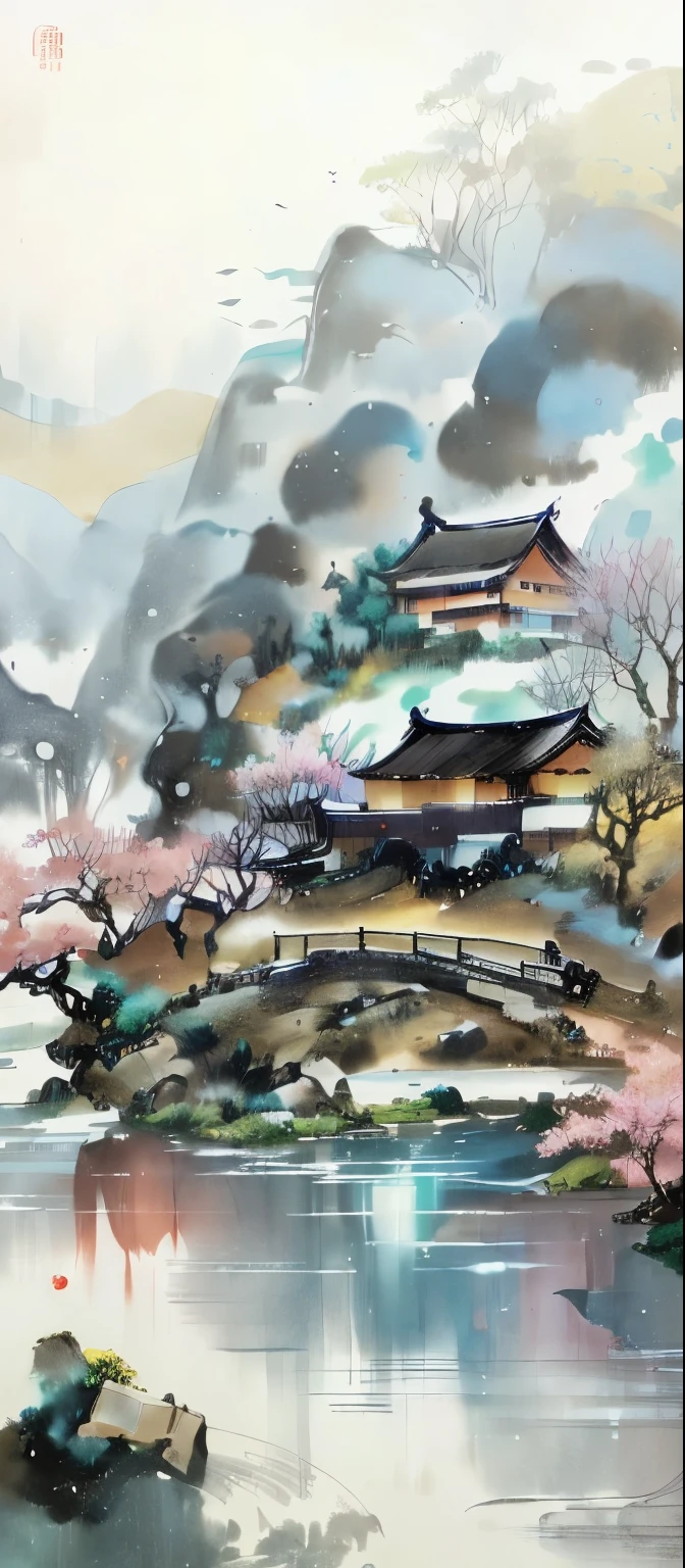 arafed view of a chinese village with a river and a clock, 2 5 6 x 2 5 6, 256x256, chinese watercolor style, dreamy chinese town, japan watercolour, onmyoji, by Ni Duan, by Leng Mei, by Ni Zan, sumi - e, by Ren Renfa, sumi-e