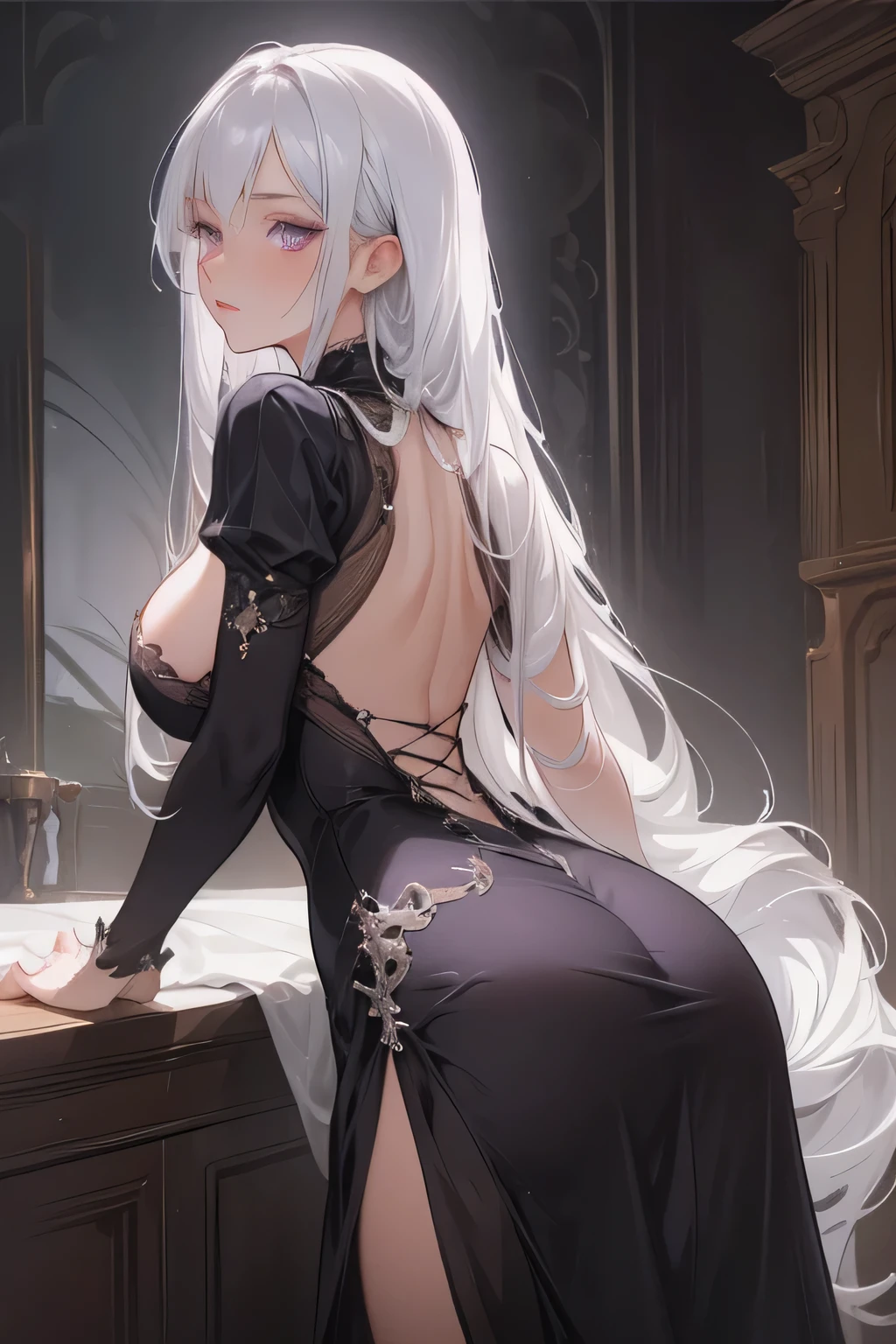 Beautiful woman in a vitorian luxury house,long layered silvery white hair, purple eyes,Black dress, sexy pose, sexy , big , sexy ass,jewelry,Temperament,Full-HD,Lots of detail,Cinematic texture,Light,carefully drawn,atmosphere, victorian armor dress, mature,, milf