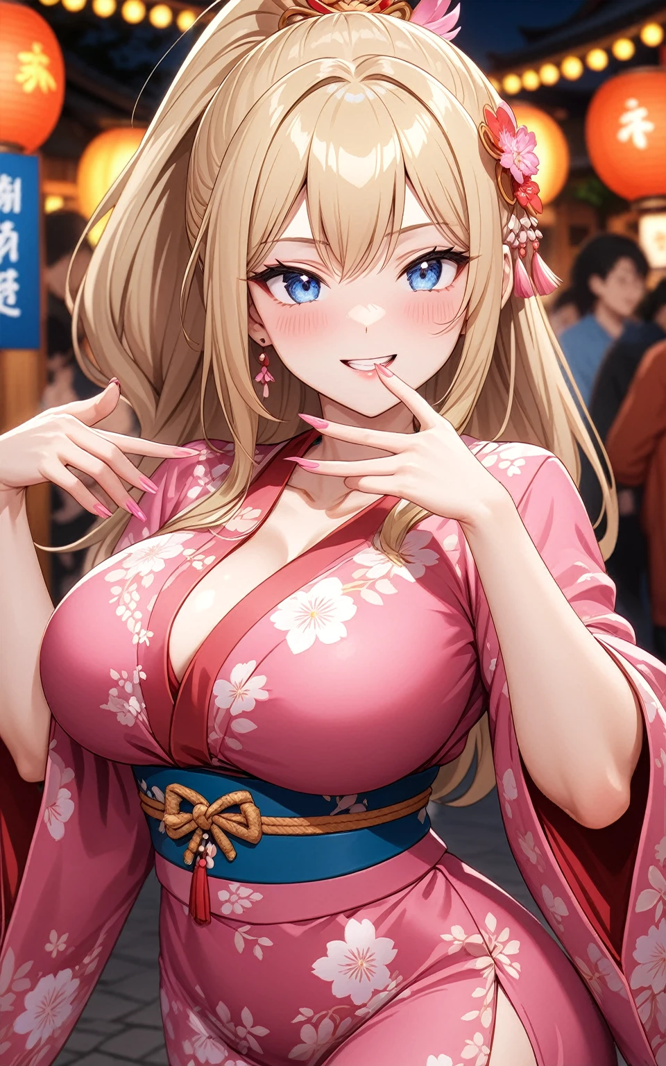 ((one personの女性)), Beautiful Face,Happy and fun,Blushing,Laughing with your mouth open,Glossy lips,Abstract, night,Shrine festival sexpensives, ((Anime style background)),masterpiece, highest quality, so beautiful, Latest, Complex details, (Pink long nails),AI-generated, Complex,High resolution, highest quality, super high quality,3D Images、View your viewers、3D Images,one person,Long Blonde Hair,(Dark hair at the hairline),High Ponytail,blue eyes,Anime woman posing for a photo, [[fine grain、Colorful eyes、Shining Eyes:1.15]],(Squint your eyes:1.1),a hyperRealistic , hyperRealistic , Realistic , Blonde anime woman with long hair, Smooth anime CG art, A woman in a colorful kimono with gold embroidery, Wisteria and pink kimono,Pink floral dress,Floral long hair ornament,Earrings,(Big Breasts:1.4),Mature Body,expensive,Big Ass,Fine details,Trained abdominal muscles,(Woman making a heart symbol with her hands),Join the fingers of your left and right hands together