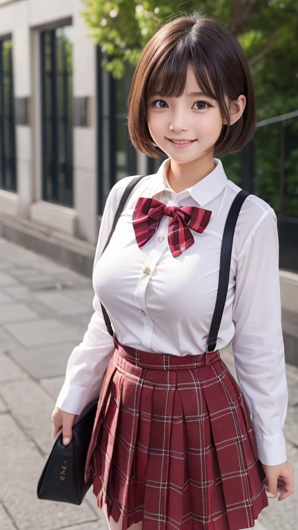  girl.................,, in front of the school、Connect to skirt with suspenders、waistband of skirt is at the point above chest , red knot , red bow , skirt dark red , plaid skirt , pleated skirt , Tight shirt ,, nice and cute, Innocent smile, , Lovely smile, sakimichan HDRI、 big 、(Beauty Big 1:2) 、 with short bob、Pose cutely , 8 year old  , sts ,(Torn clothes:1.5)