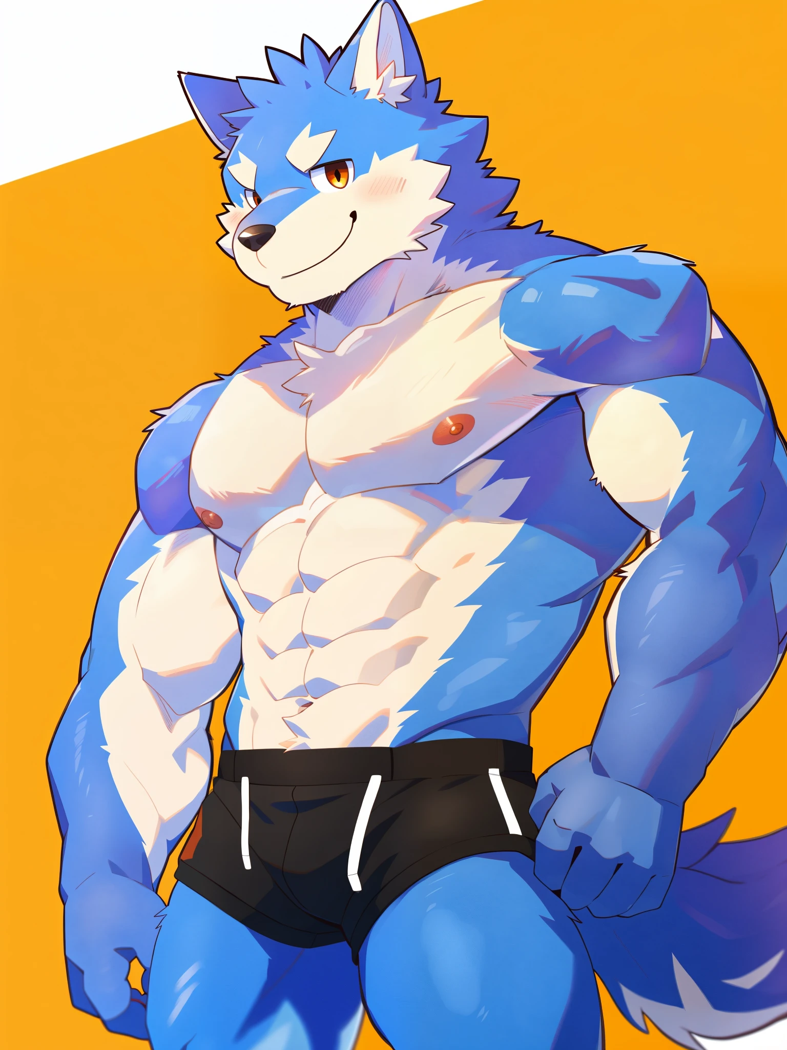 Scribble wolf face, cute face, kemono, (blue wolf), naked, himbo, smile, simple background, high res, best quality, nipples, detailed eyes, best anatomy