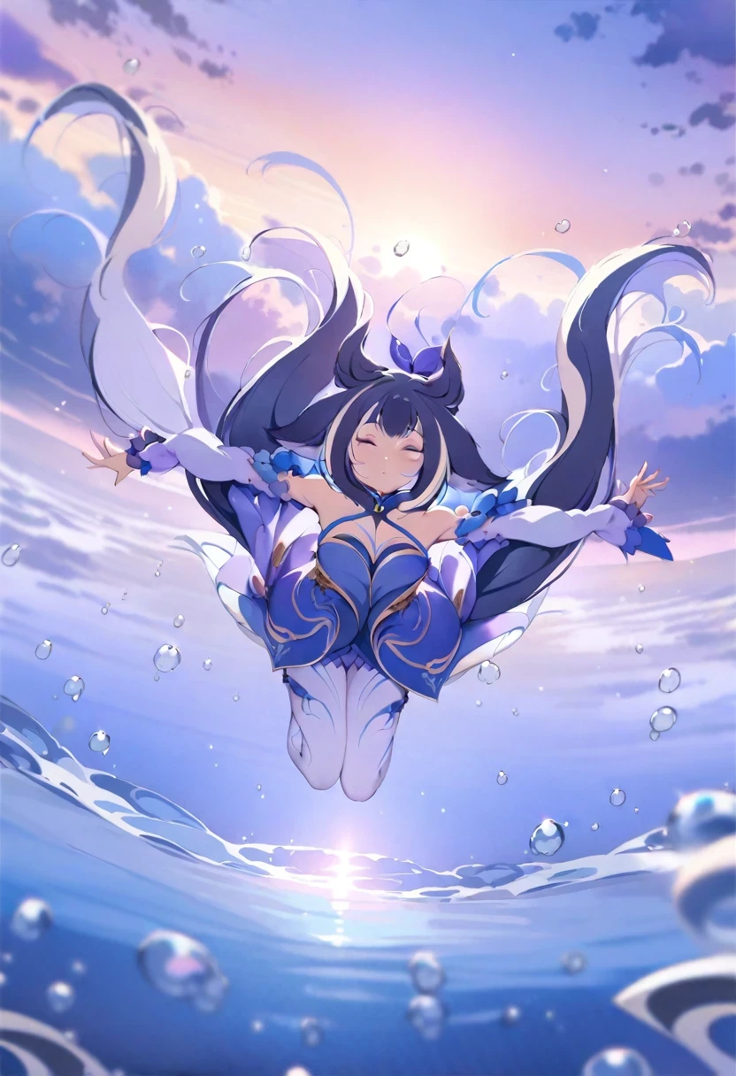 (shylily/(Twich/):1.5),(masterpiece:1.2),(best quality:1.2),,(1 girl),(Dynamic poses),),(Neck strap),(floating),(cloud),(too many drops of water),(twilight),(watercolor),(Wide-angle lens)