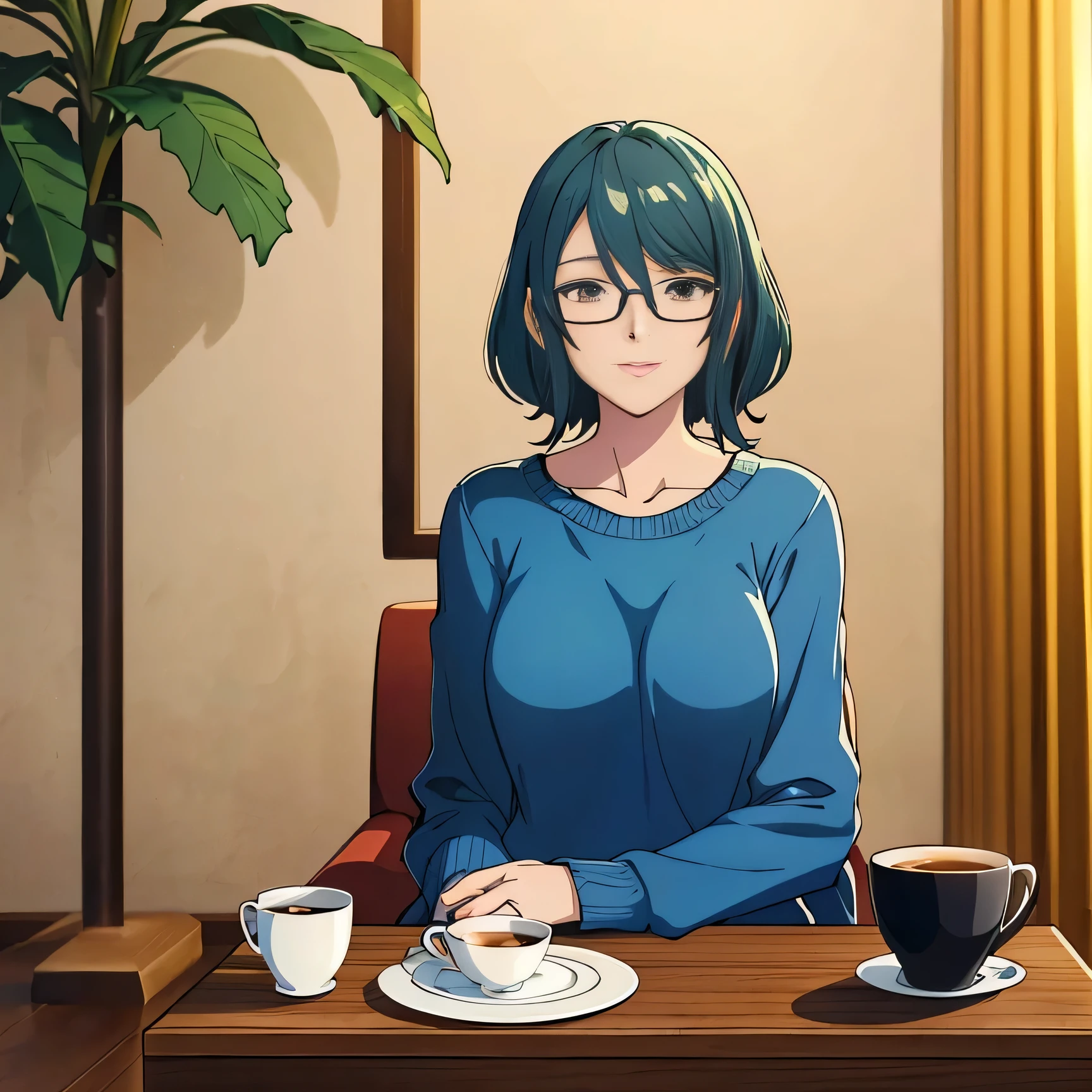 anime - style image of a woman sitting at a table with a cup of coffee, smooth anime cg art, anime moe artstyle, official art, sitting in a cafe, high quality portrait, anime visual of a cute girl, official anime still, anime visual of a young woman, mysterious coffee shop girl, high detailed official artwork, official artwork, with glasses