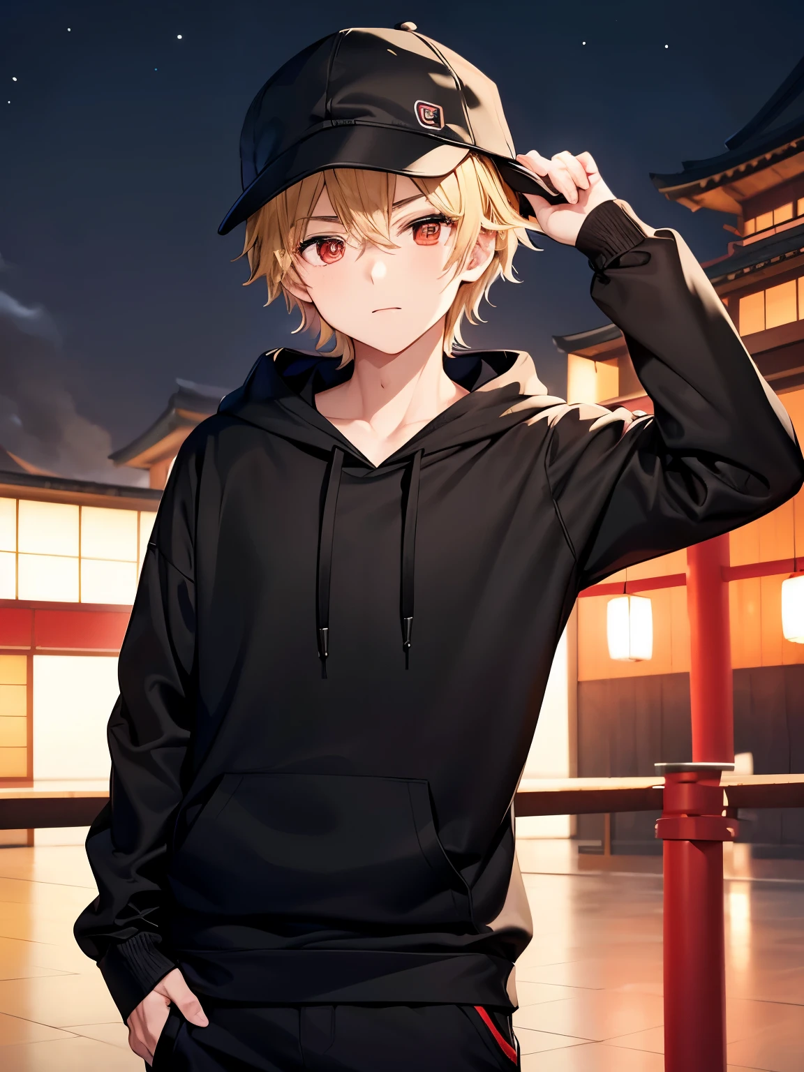 1boy,handsome,18 years old,half body photo,half body photo,Perfect face, HD face, ultra detailed face, short hair, blonde hair, messy hair, bright red eyes,Black hoodie,plain hoodie,, black mask, Black hat,casual hat, black trousers, standing at the Japanese festival venue,At night,ultra detailed, ultra HD