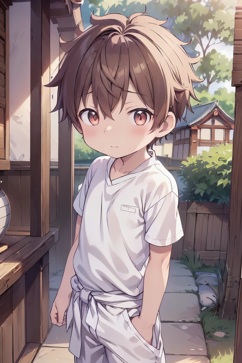 1boy, aoi, masterpiece, ultra detail, male focus, soccer shirt, adorable captivating, light brown hair , red eyes , white albine skin, japanese style, steam smork, japan style, anime coloring, shy, home muji style, detailed face, white towel on waist,white silk, outdoor, sweat, 