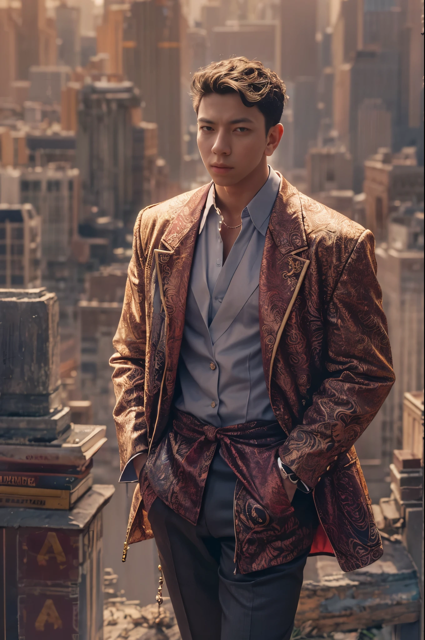 "A confident man standing tall amidst a bustling cityscape, with a hint of mystery in his captivating gaze."