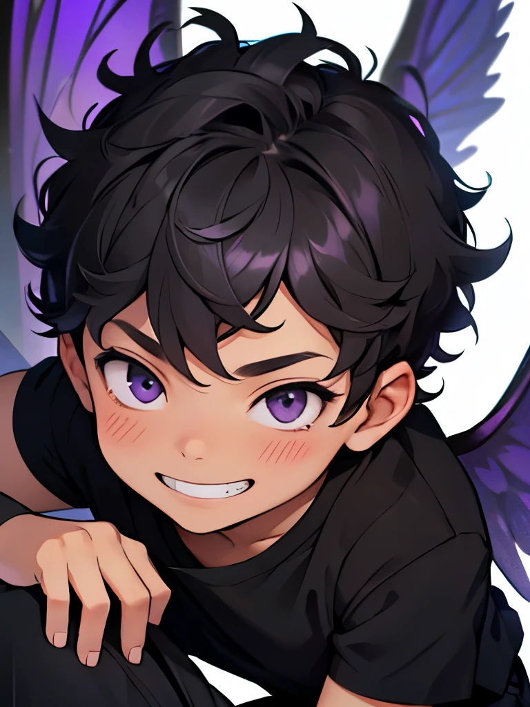 4years old young boy, gray short curly hair, purple eyes, mischievous smile, black shirt, black pants, fair skin, wings