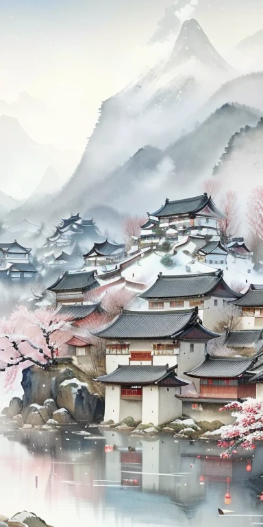 painting of a chinese village with a lake and a mountain in the background, chinese watercolor style, dreamy chinese town, japan watercolour, chinese painting style, japanese style painting, traditional chinese watercolor, chinese style painting, japanese watercolor, japanese town, chinese village, japanese art style, japanese village, by Li Zai, traditional japanese painting, by Qu Leilei, japanese painting