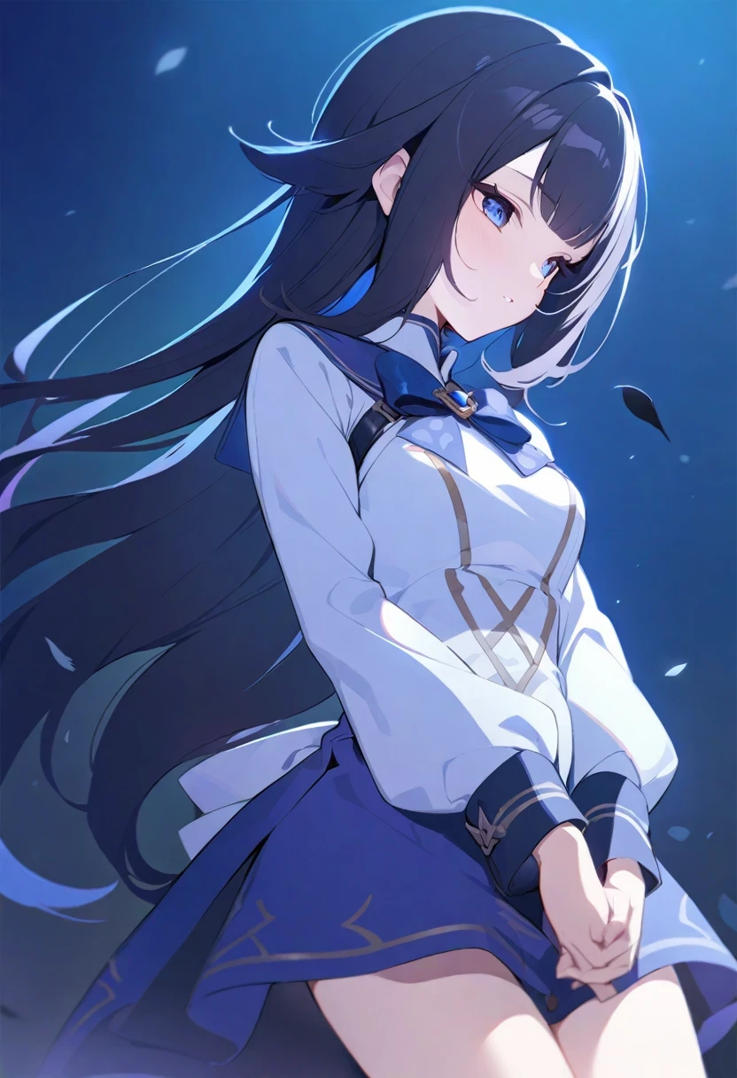 (shylily/(Twich/):1.5),(masterpiece:1.2),(best quality:1.2), , Big sleeves, disheveled hair, Long bangs, Hair between the eyes, Black knee socks, Black Ribbon, White bow tie, diaphragm,{{{Half closed eyes}}},((Black Fog)), , (Black smoke), complex patterns, ((Black feathers float in the air)), (((Put your hands behind your back)))