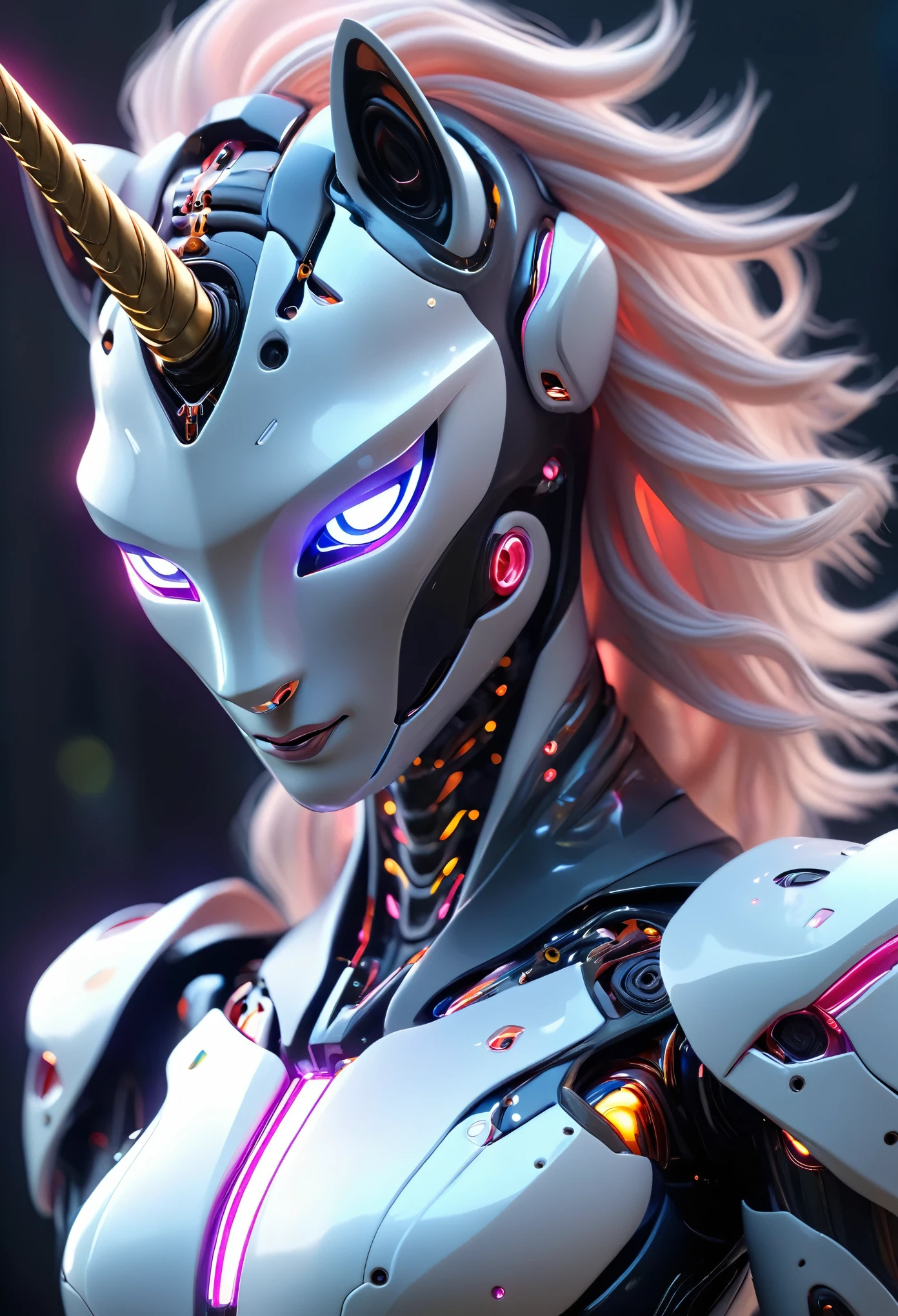 (best quality,4k,highres,masterpiece:1.2),ultra-detailed,(realistic,photorealistic:1.37), A breathtakingly beautiful female humanoid unicorn cyborg android, (a shimmering unicorn horn:1.8), porcelain skin, striking eyes, delicate features, futuristic sci-fi, intricate mechanical parts, glowing cybernetic implants, elegant and graceful pose, hyper-realistic, photorealistic, masterpiece, 8k, ultra-detailed, cinematic lighting, dramatic shadows, vivid colors, highly saturated, neon highlights, glowing energy fields, complex machinery, sleek and modern, cutting-edge technology, advanced AI, seamless integration of organic and mechanical elements