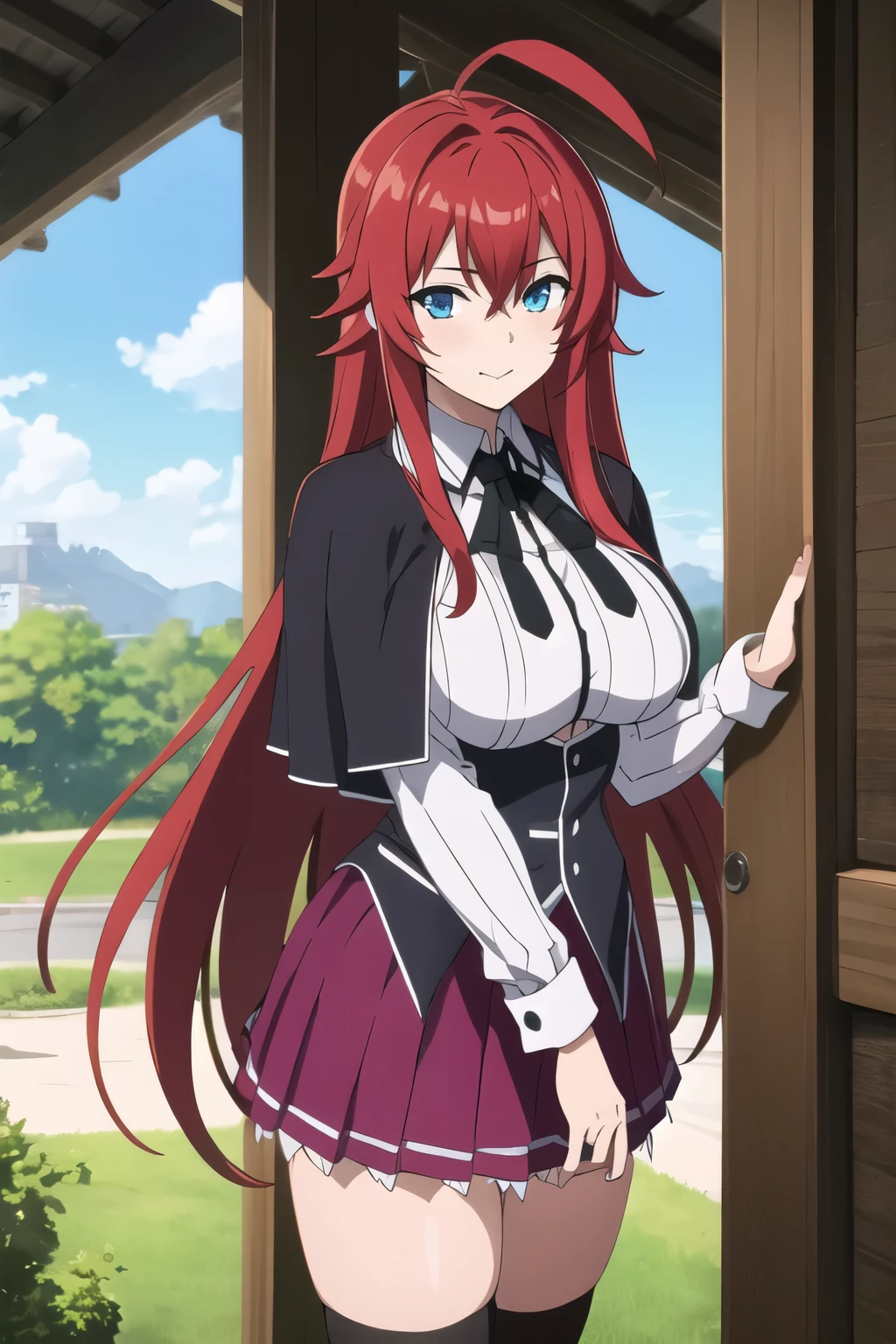masterpiece, best quality, high quality, highres, outdoors, day, upper body, looking at viewer, solo, focused, BREAK, 
ANIME_DxD_Rias_Gremory_ownwaifu, 
1girl, bangs, long hair, red hair, breasts, large breasts, rias gremory, blue eyes, hair between eyes, very long hair, collarbone, hair intakes,  hair over breasts, 
black capelet, black corset, collared shirt, kuoh academy , layered skirt, underbust, , skirt, shirt, long sleeves, purple skirt, ribbon, miniskirt, neck ribbon, thighhighs, black ribbon, 
