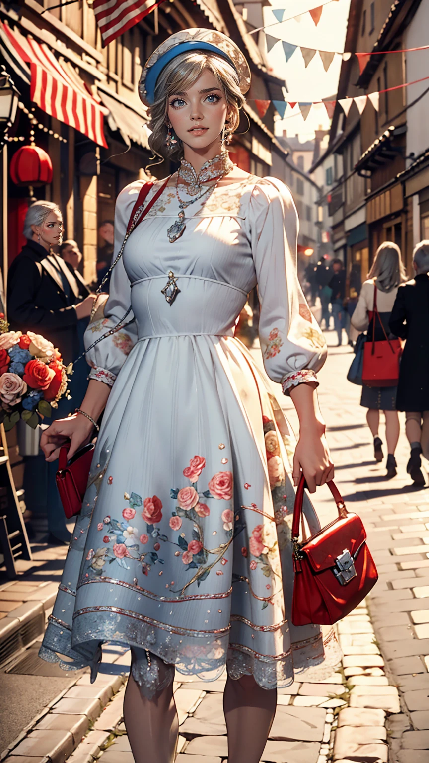 The Rue Mortorgeuil decorated with flags、Claude Monet、White woman、Silver Hair、Wear a floral dress、blue eyes、Holding a red handbag、smile