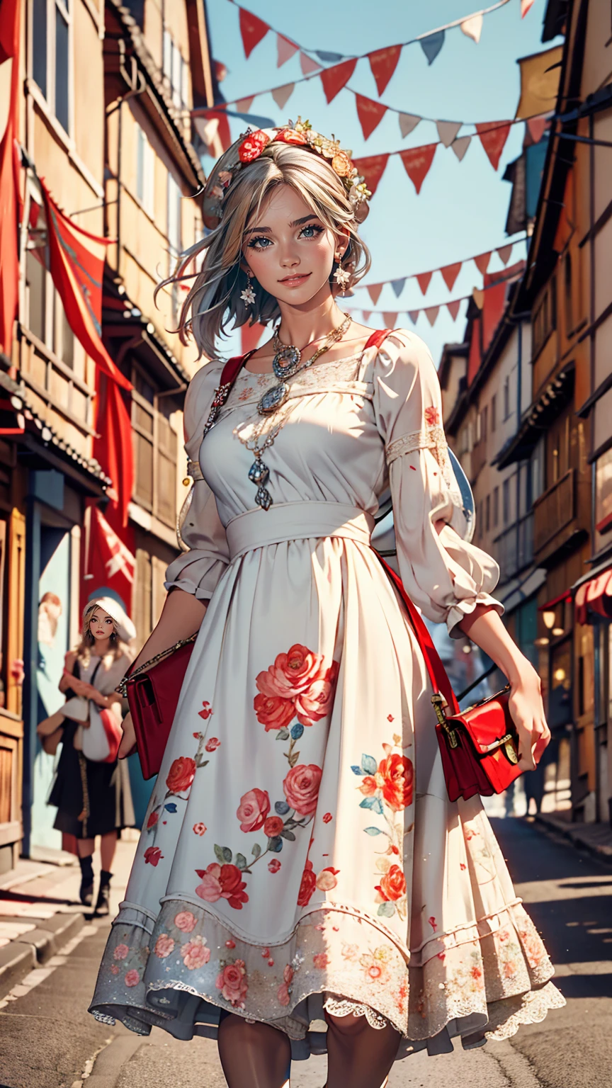 The Rue Mortorgeuil decorated with flags、Claude Monet、White woman、Silver Hair、Wear a floral dress、blue eyes、Holding a red handbag、smile