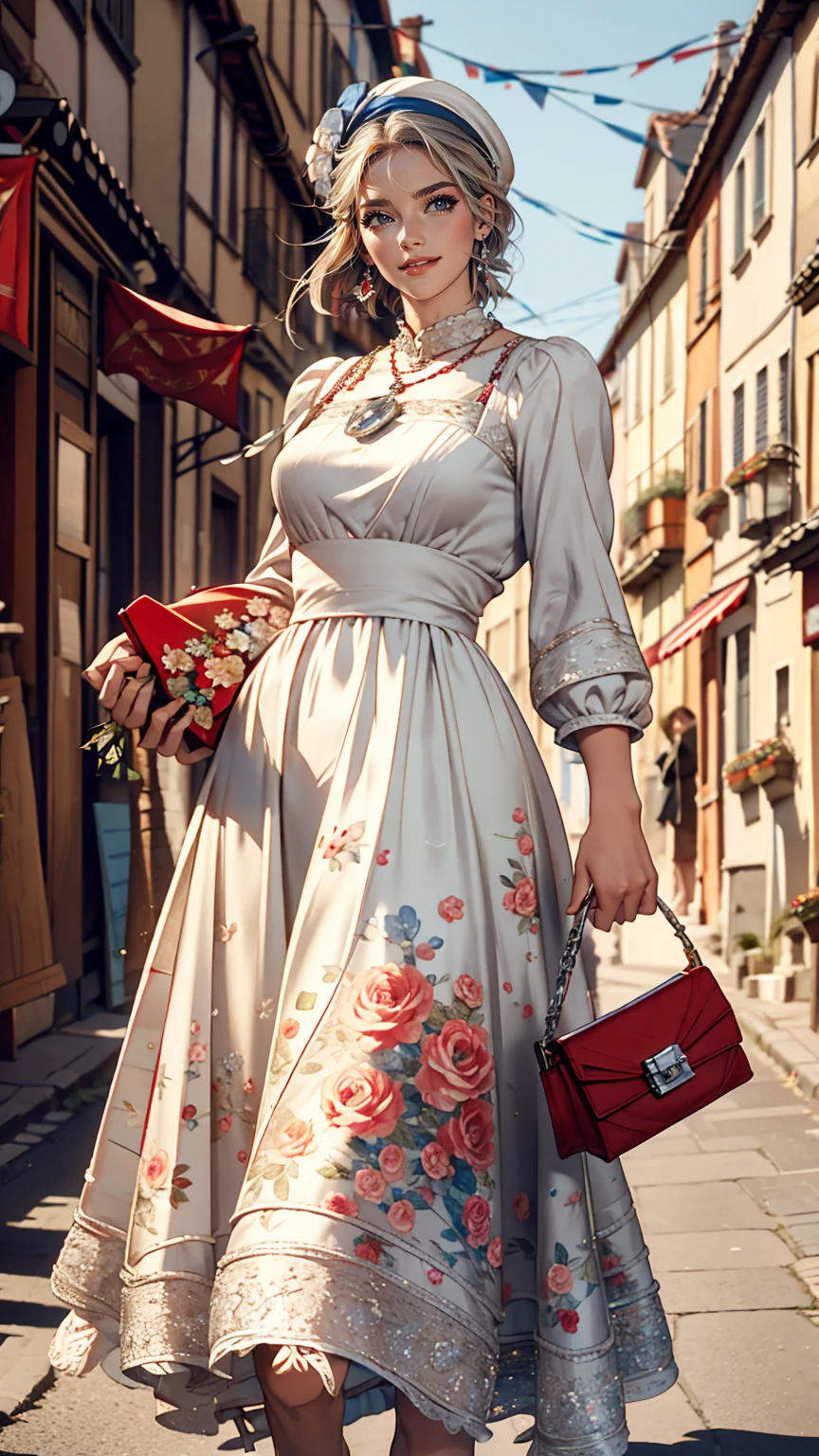 The Rue Mortorgeuil decorated with flags、Claude Monet、White woman、Silver Hair、Wear a floral dress、blue eyes、Holding a red handbag、smile