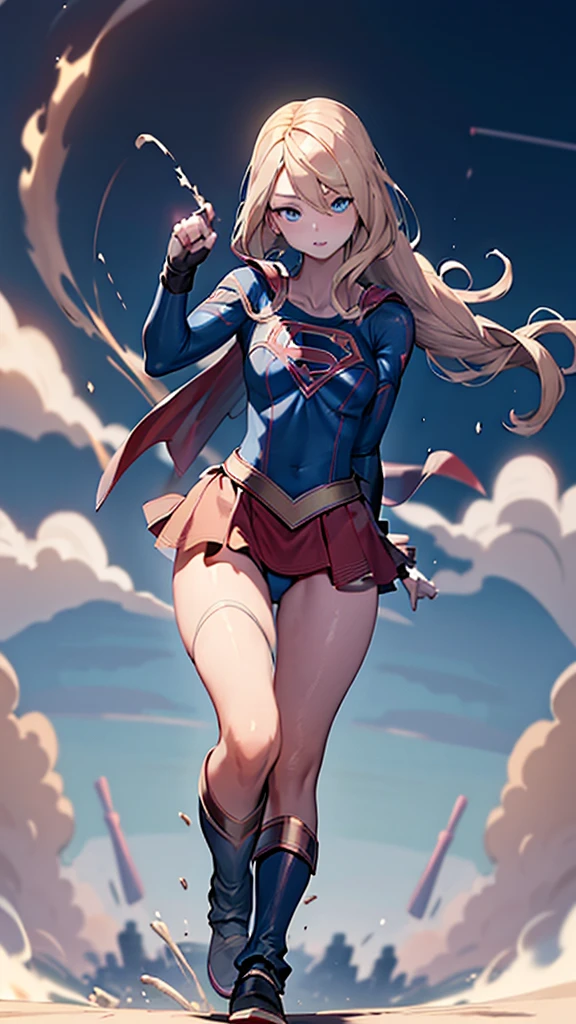 ()full body,Big Booty Goth Girl, Medium chest, Pose in front,upright， Anime Style，3D Rendering,( Supergirl)，Blonde，Long Hair，Blue eyes，Thick thighs，Red Skirt，the skirt is short,，A blue leotard is visible under the skirt.，The skirt is blown up by the wind，