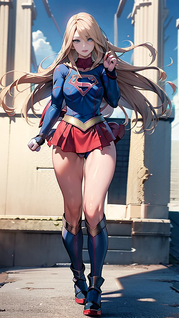 ()full body,Big Booty Goth Girl, Medium chest, Pose in front,upright, Anime Style,3D Rendering,( Supergirl),Blonde,Long Hair,Blue eyes,Thick thighs,Red Skirt,the skirt is short,,A blue leotard is visible under the skirt.,The skirt is blown up by the wind,