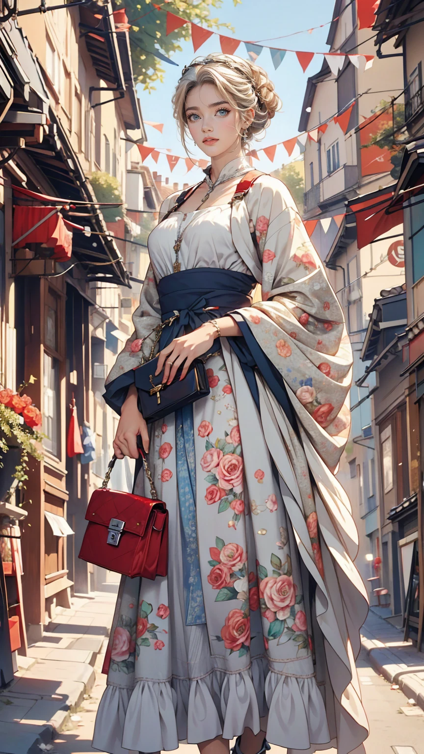 The Rue Mortorgeuil decorated with flags、Claude Monet、White woman、Silver Hair、Wear a floral dress、blue eyes、Holding a red handbag、smile