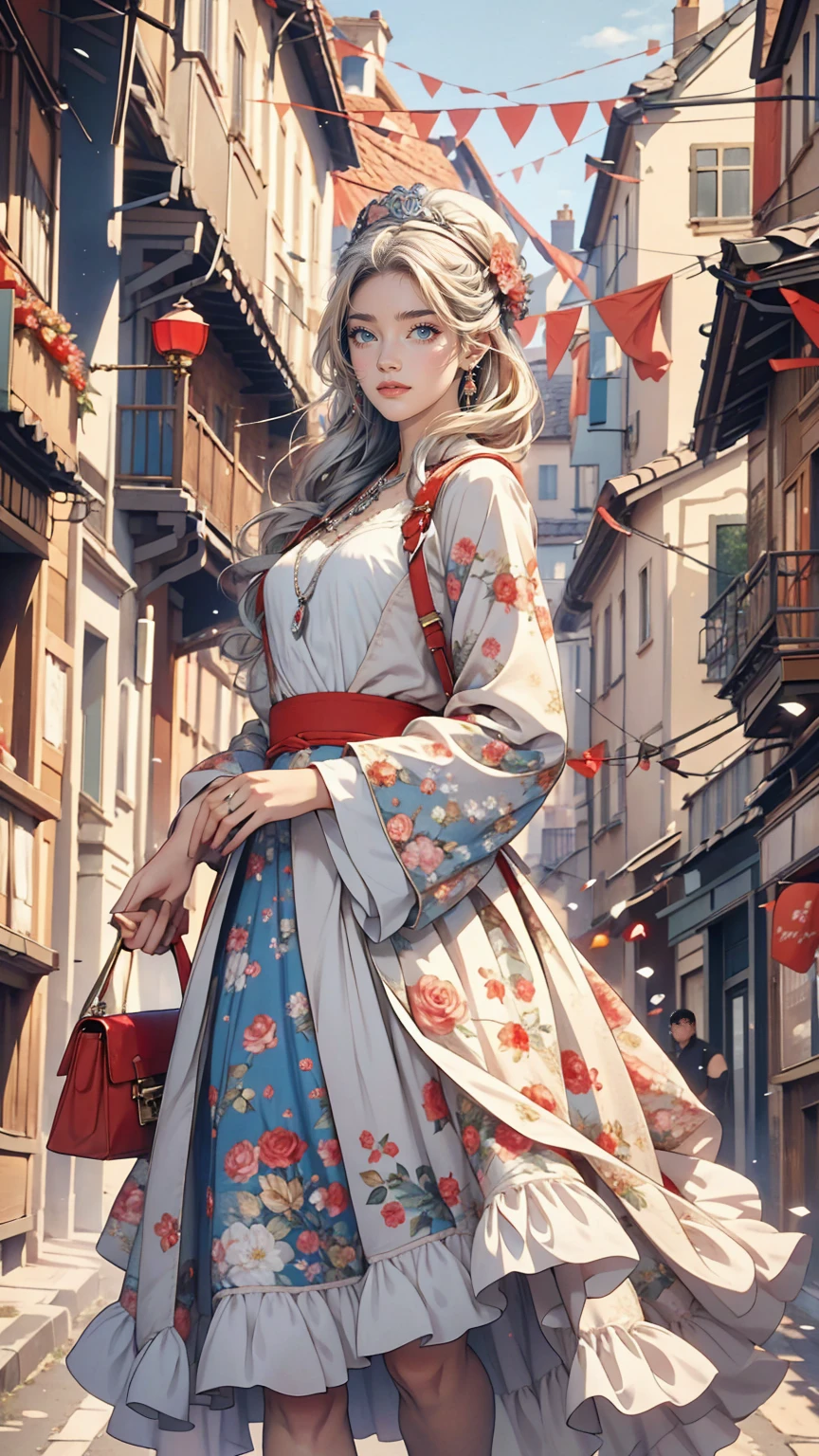 The Rue Mortorgeuil decorated with flags、Claude Monet、White woman、Silver Hair、Wear a floral dress、blue eyes、Holding a red handbag、smile