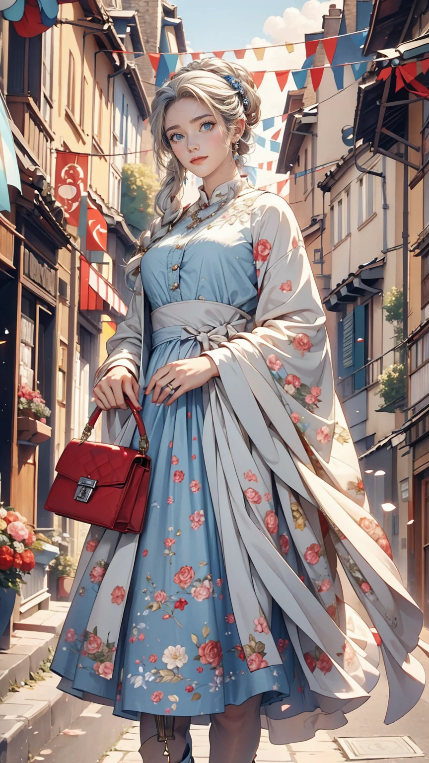 The Rue Mortorgeuil decorated with flags、Claude Monet、White woman、Silver Hair、Wear a floral dress、blue eyes、Holding a red handbag、smile