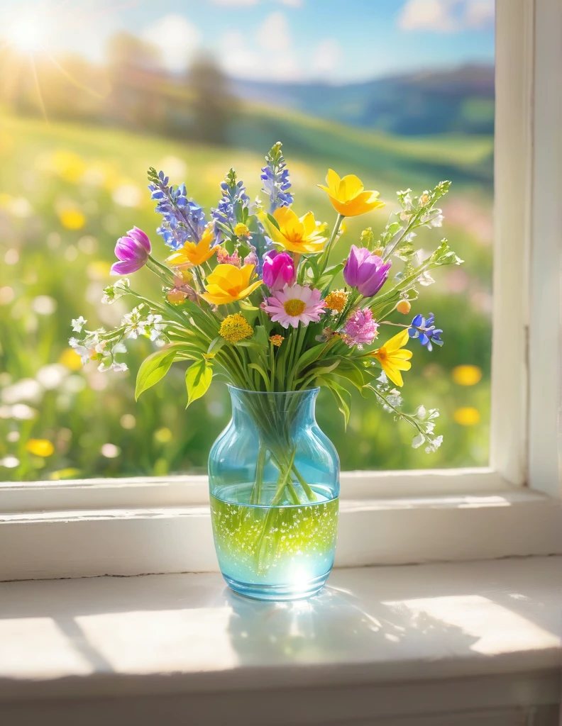 Close-up shot of a delicate flower vase sitting on a windowsill, filled with a variety of vibrant spring flowers. The window opens up to a picturesque meadow in full bloom, with a clear blue sky and warm sunlight streaming in, casting a soft glow on the scene. The background features a stunning bokeh effect, adding a dreamy quality to the sunlit landscape outside. The overall composition captures the essence of spring's beauty and serenity.